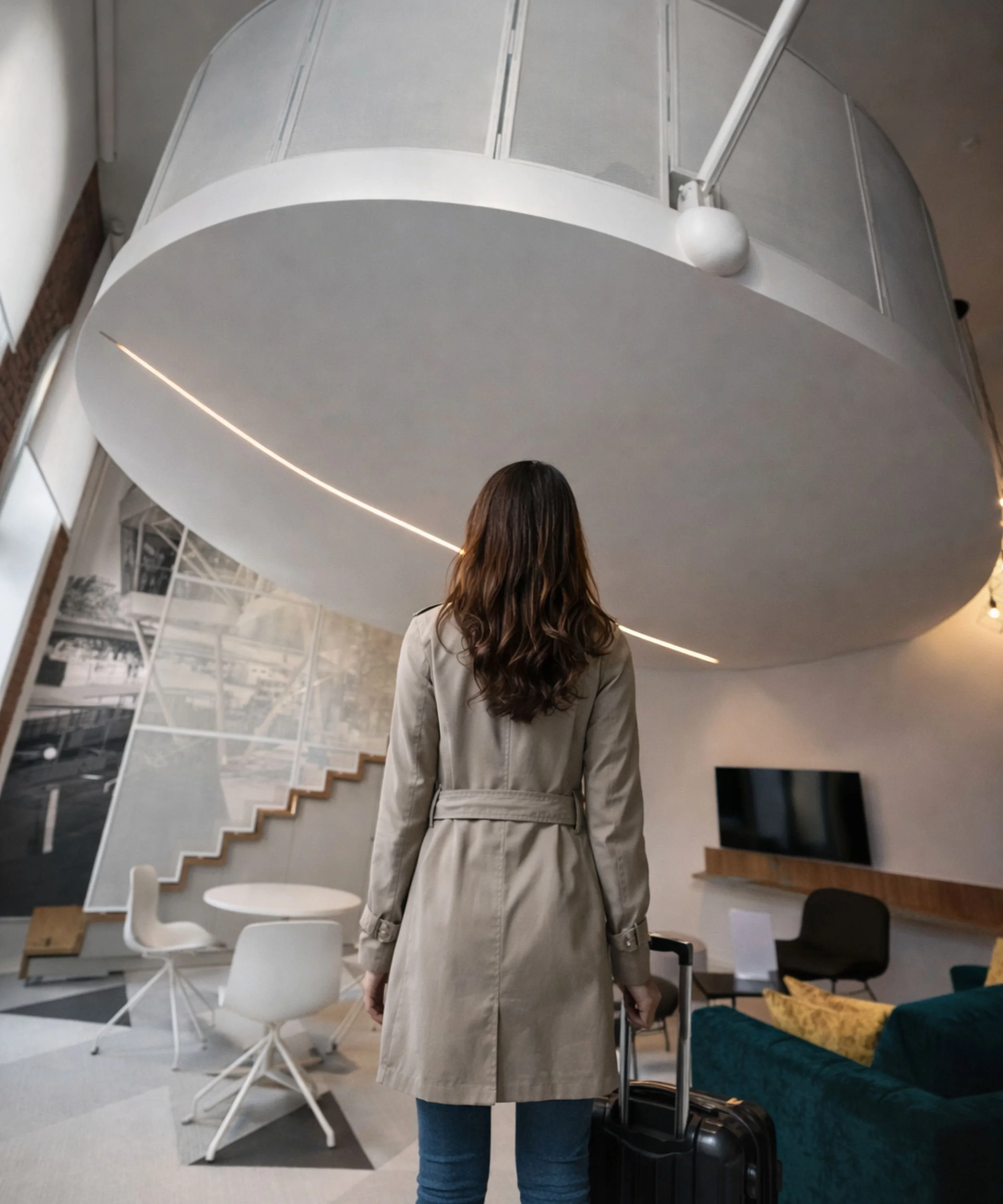 Eine Frau mit einem Rollkoffer steht in einem modernen Wohnzimmer, während sie nach oben blickt, wo eine große, runde, weiße Deckenleuchte hängt.