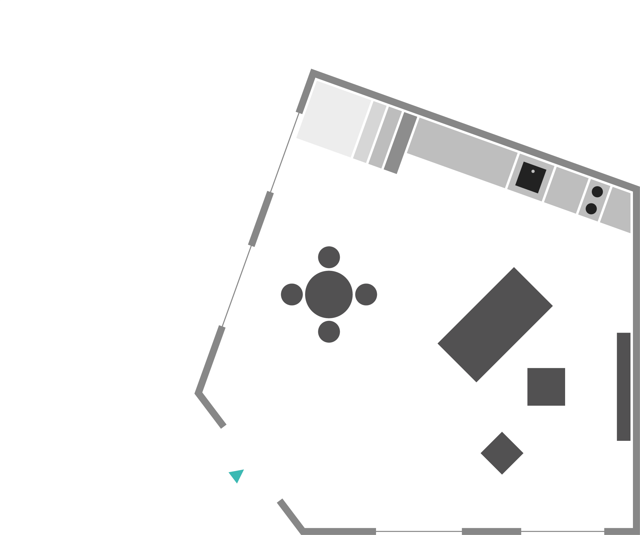 Grundriss eines Wohnzimmers in Graustufen mit Esstisch, Couch, Fernseher, und Küchenbereich.