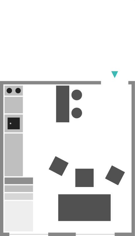 Grundriss einer Küche mit Herd, Backofen, Arbeitsfläche, Esstisch, vier Stühlen, Sitzbank und Schränken.