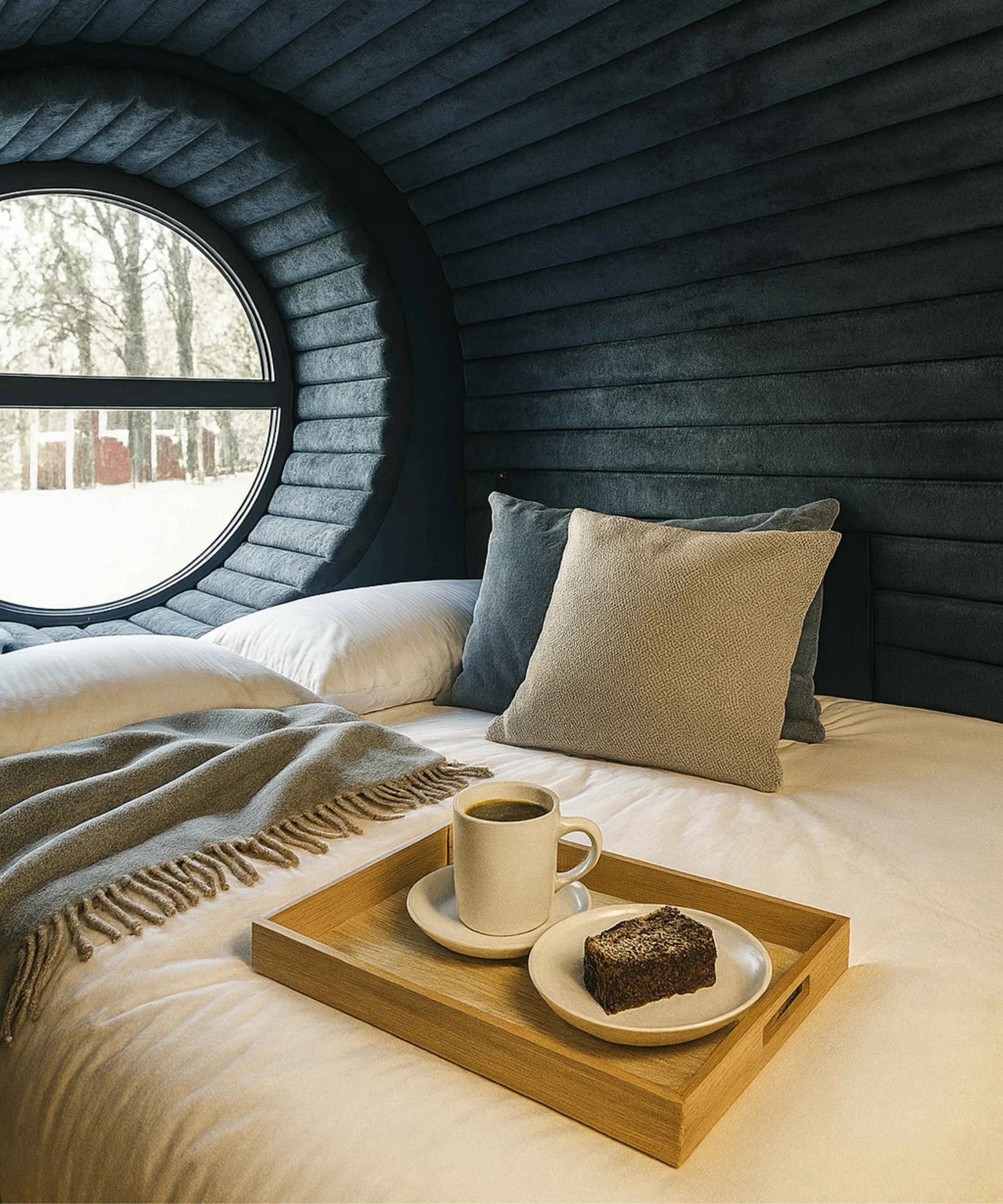 A cozy bedroom with a round window, dark wood-paneled walls, a bed with beige and gray pillows, and a tray with a coffee mug, a plate with a chocolate dessert, and a gray blanket