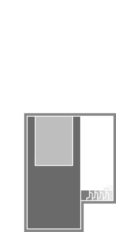 Floor plan of a small apartment with a bedroom, bathroom, kitchen, and living area, including a door and window.