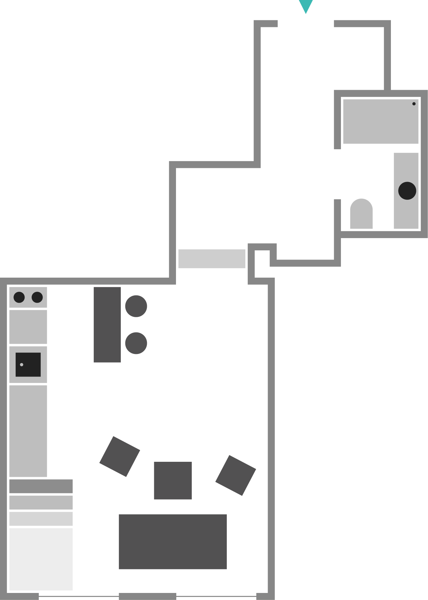 Grundriss eines Apartments mit Küche, Wohnzimmer, Badezimmer und Schlafzimmer