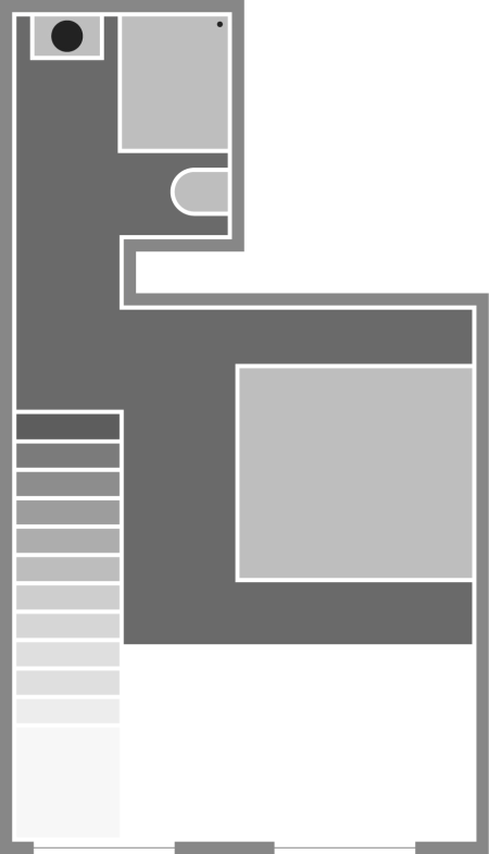 Grundriss eines Hauses mit Treppe, Schlafzimmer, Bad und Küchenbereich in Grau.