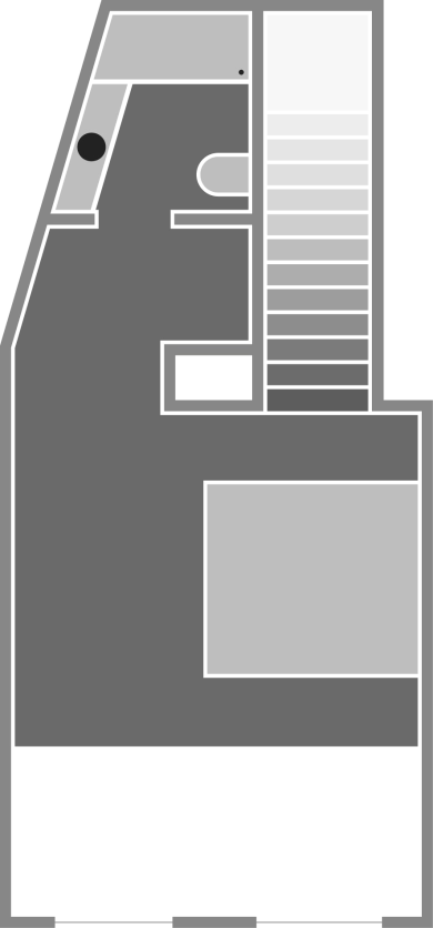 Grundriss eines Hauses oder Apartments mit Treppe, Zimmern, Türen und einem Balkon oder Terrasse