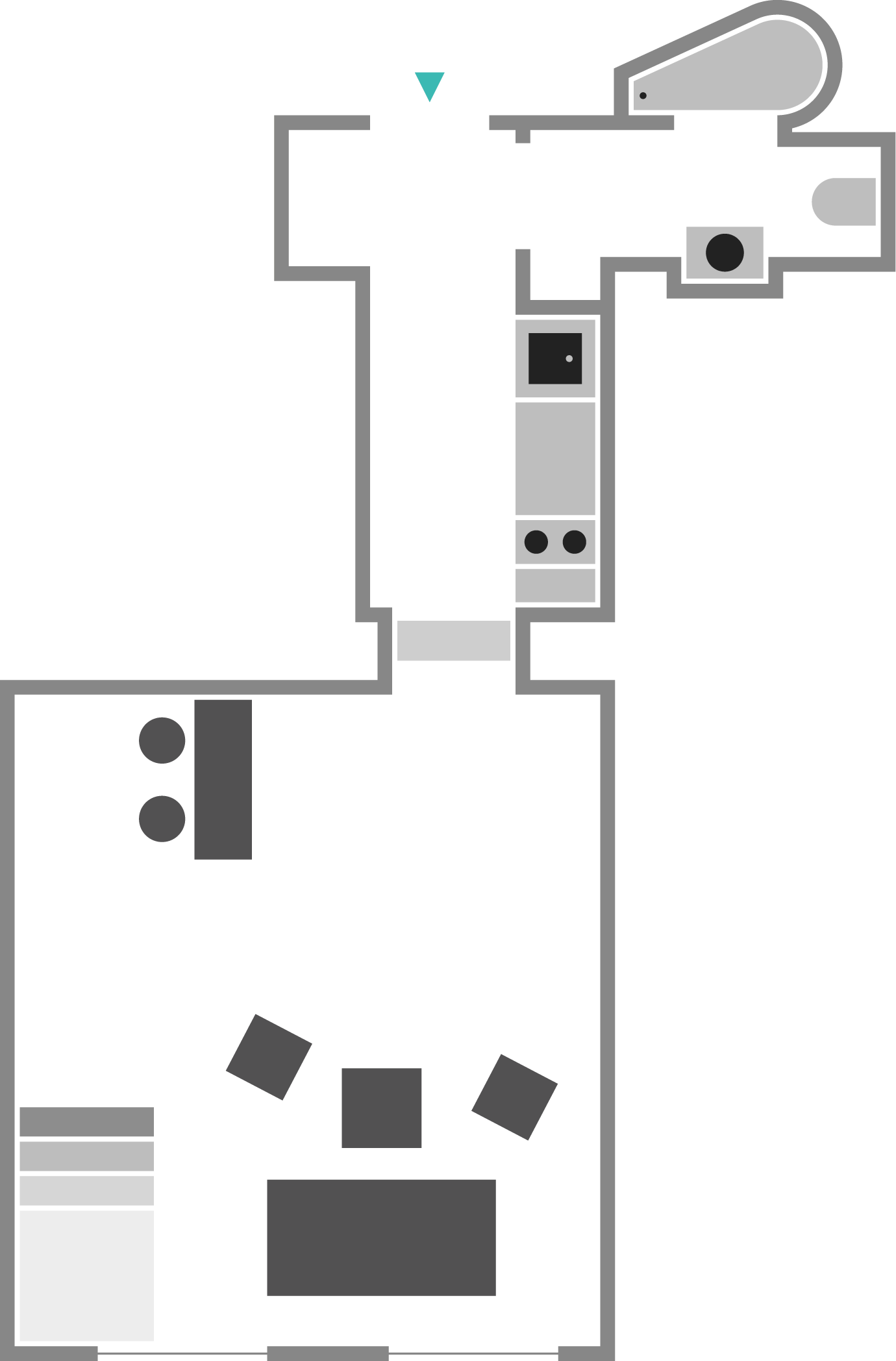 Grundriss eines Hauses mit mehreren Zimmern, Küche, Wohnzimmer, Bad und Fluren. Es zeigt die Anordnung der Räume und die Position der Türen.