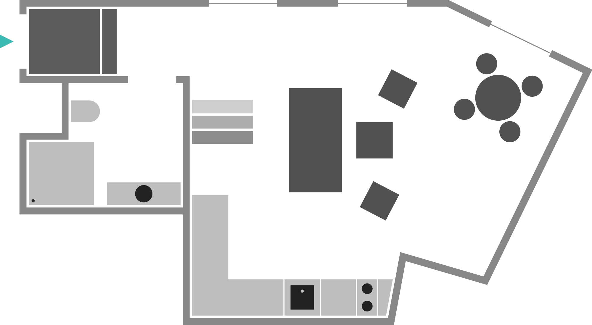 Floor plan of a house showing rooms, furniture, and fixtures in black, gray, and white.