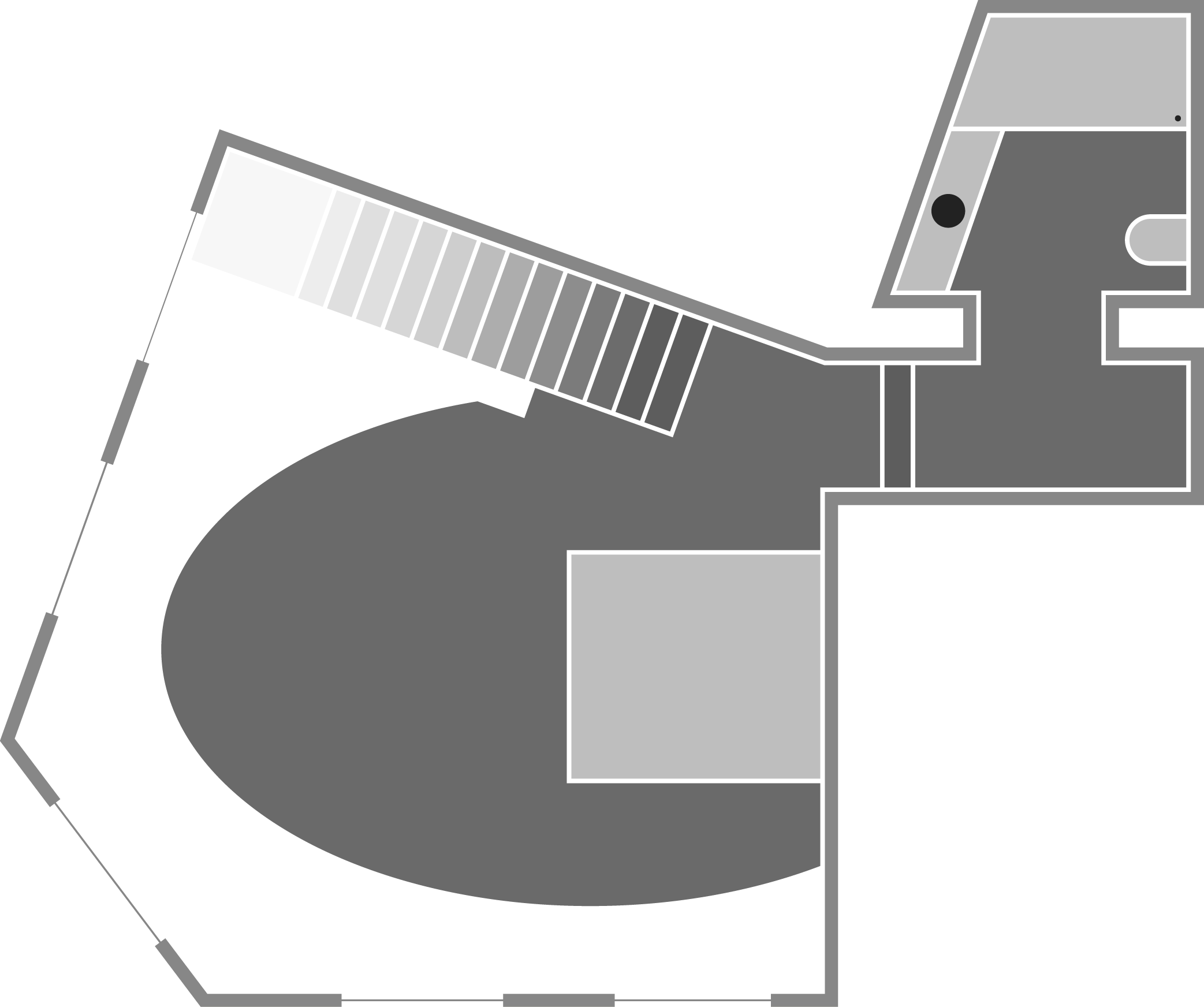 Grundrissplan eines Hauses mit Treppe, Zimmern und Gartenbereich