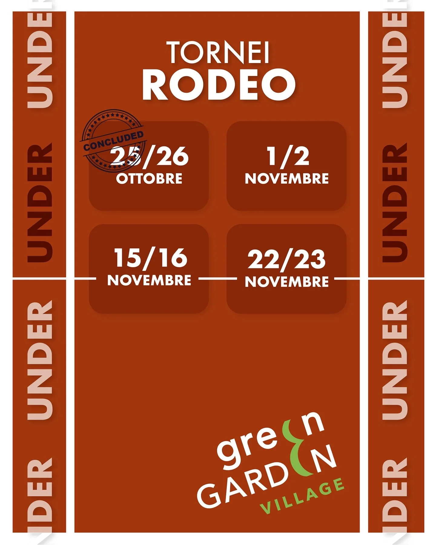 🎾 TORNEI RODEO UNDER – GREEN GARDEN VILLAGE 🎾
Preparati a vivere quattro weekend di grande tennis dedicati ai giovani talenti!
Partecipa ai Tornei Rodeo Under e metti alla prova il tuo livello in un’atmosfera competitiva e divertente.
