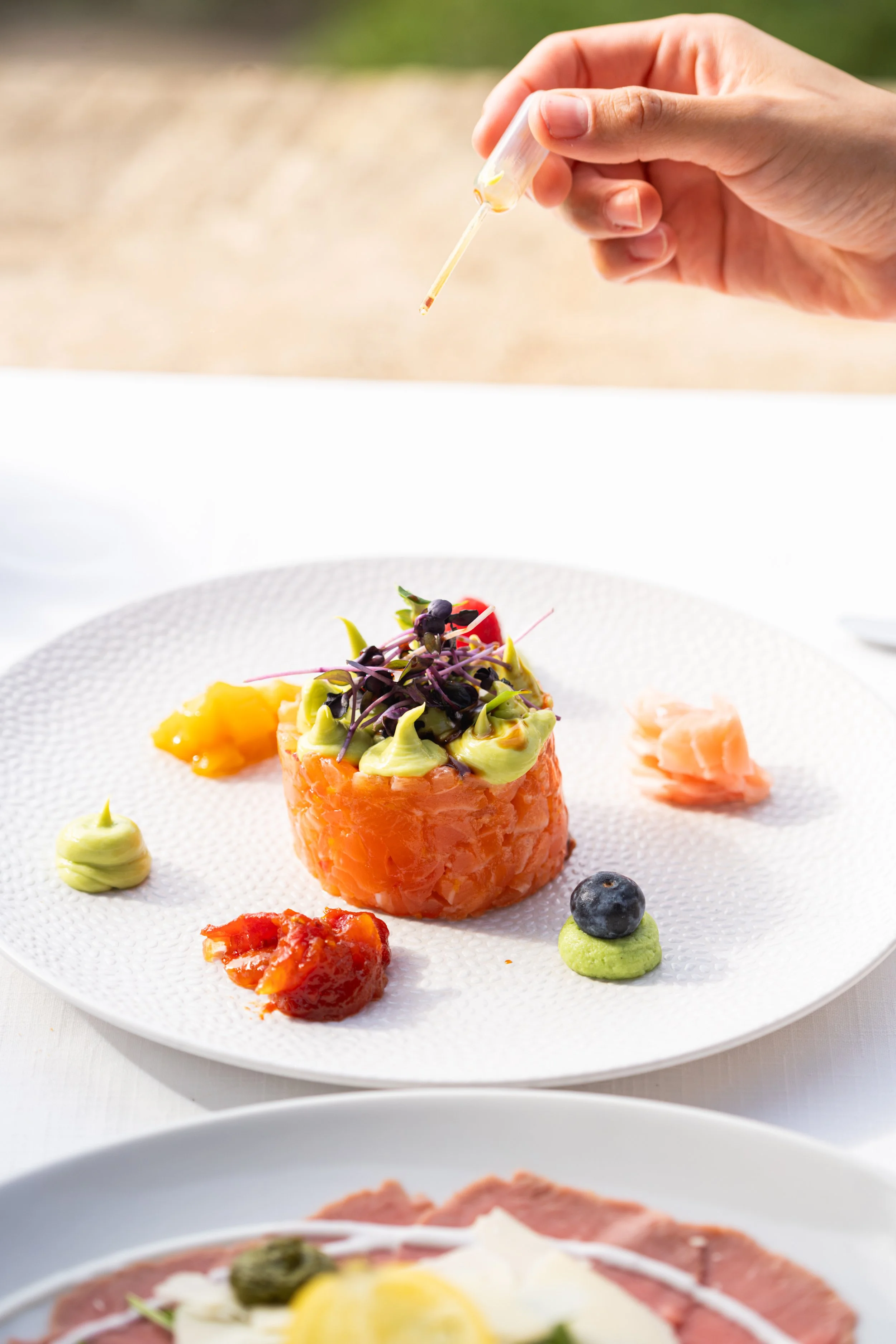 Persona preparando una porción de salmón ahumado decorado con aguacate, microverdes y otros acompañamientos en un plato blanco. Al fondo, una bandeja con comida, probablemente un plato de carne con huevo y vegetales.