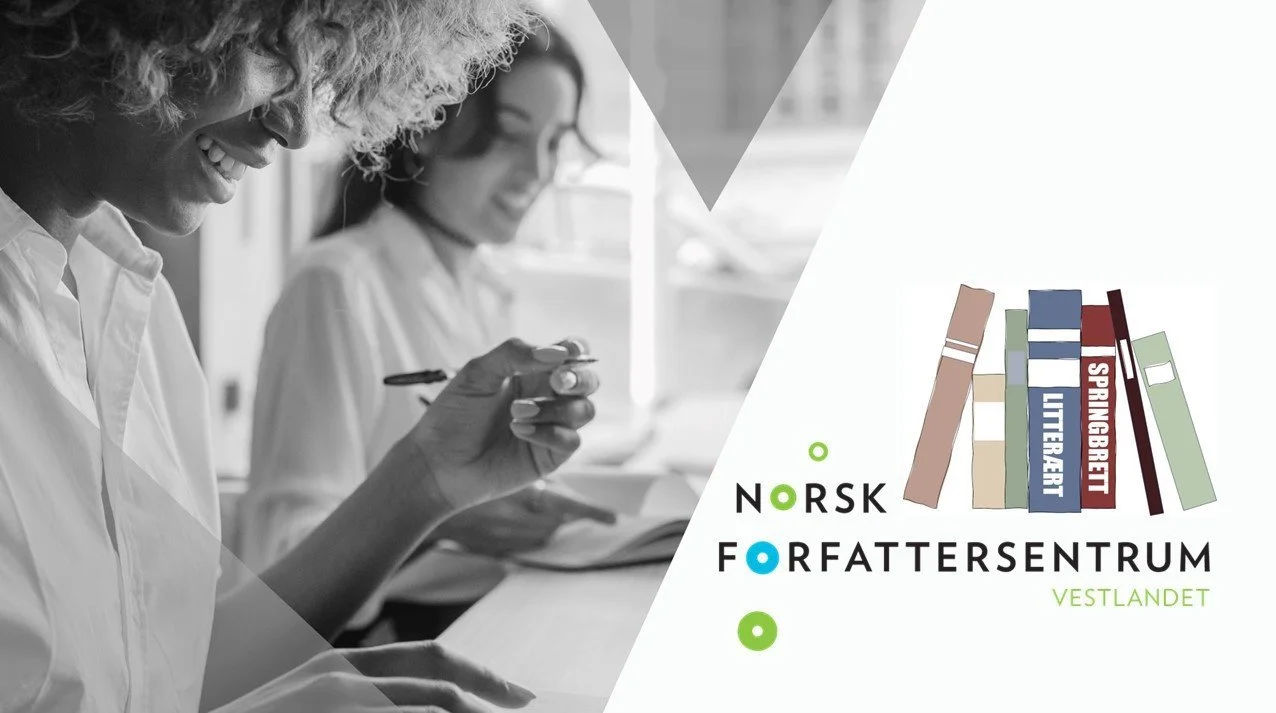 Et illustrasjonsbilde delt i to, hvor det til venstre er et svarthvitt bilde av to kvinner i hvite skjorter som skriver og leser. Til høyre på bildet er logoen til Norsk Forfattersentrum Vestland med illustrasjon av bøker.