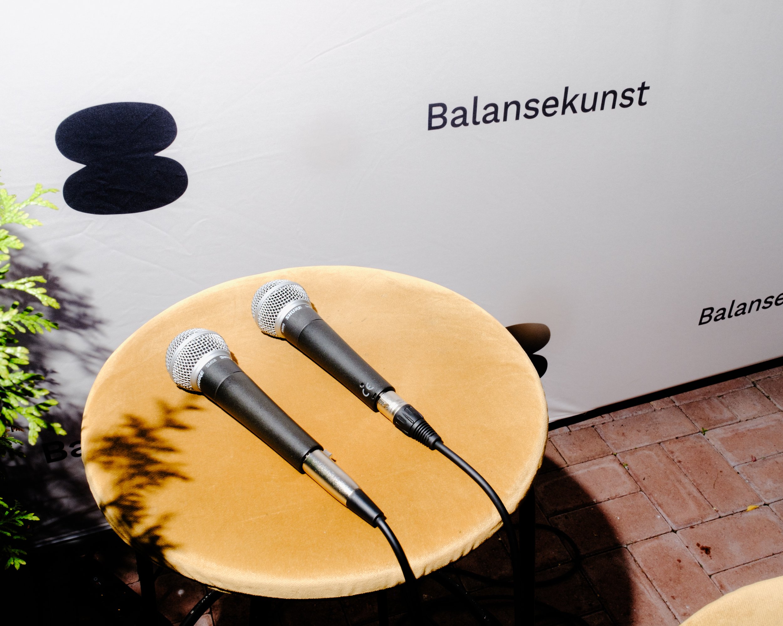 To mikrofoner på et rundt bord og Balansekunsts fotovegg bak.