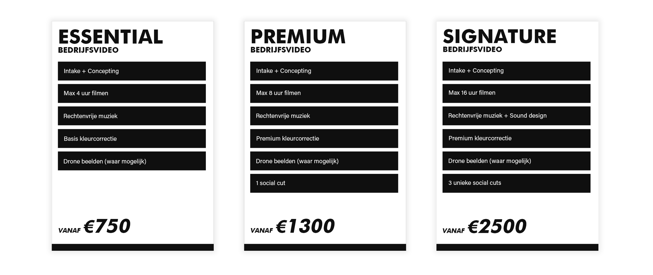 Vergelijkingsschema van videopakketten met opties en prijzen: Essential voor €750, Premium voor €1300, Signature voor €2500, elk met verschillende functies zoals filmduur, muziekkeuze, dronebeelden en social cuts.