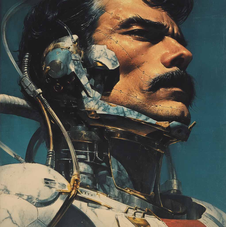 Portrait d'un homme avec une moustache et des cheveux foncés, porté dans une combinaison futuriste avec composants mécaniques et câbles, évoquant un thème de science-fiction.