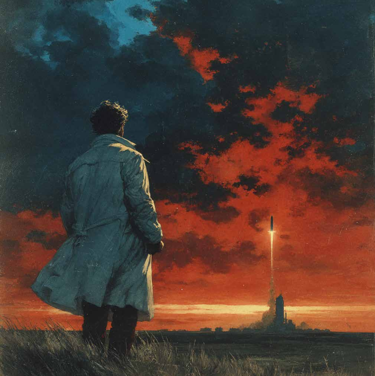 Une personne vêtue d'un long manteau regarde une fusée en lancement dans le ciel crépusculaire avec des nuages rougeâtres.