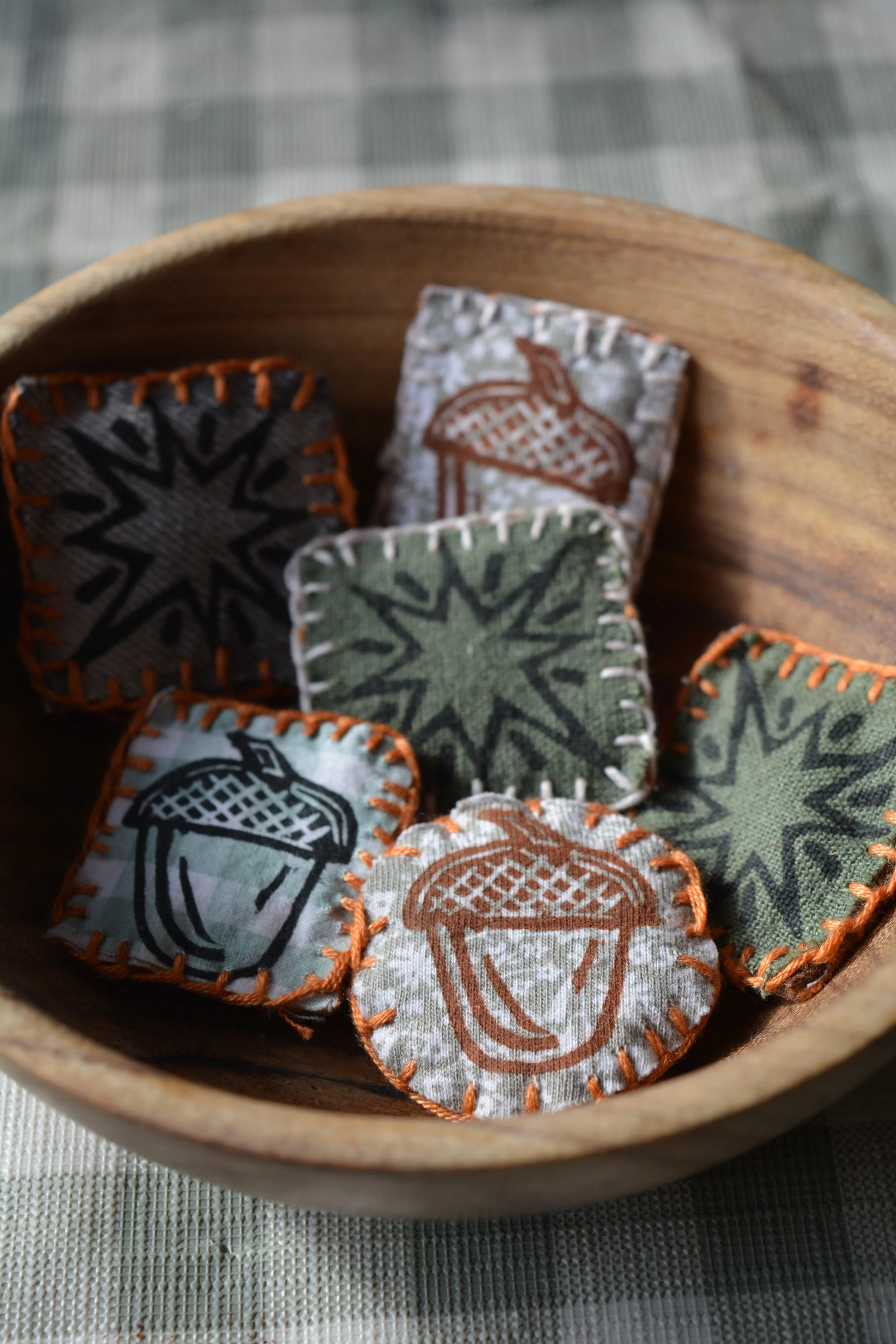 Lino Printed Small Brooch with Hand Stitched Edge