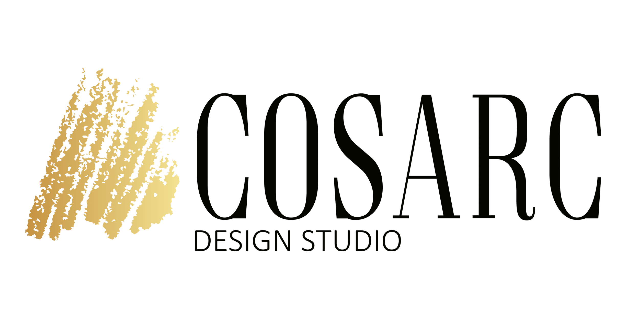 Logo for Cosarc Design Studio with gold textured abstract brushstroke and black text.