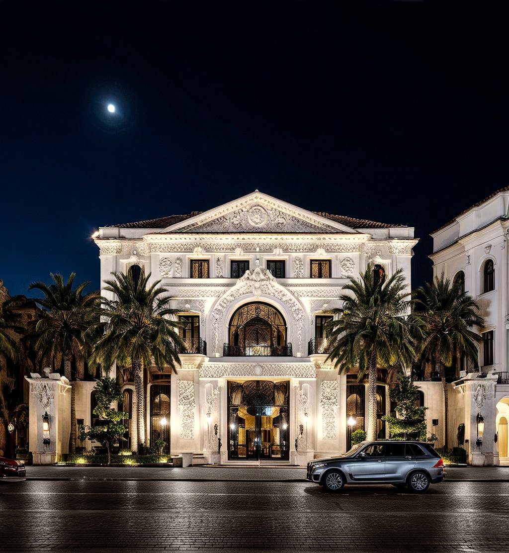 Elegant white building with ornate architecture, surrounded by palm trees and lit up at night, with a car parked in front and a bright moon in the sky.