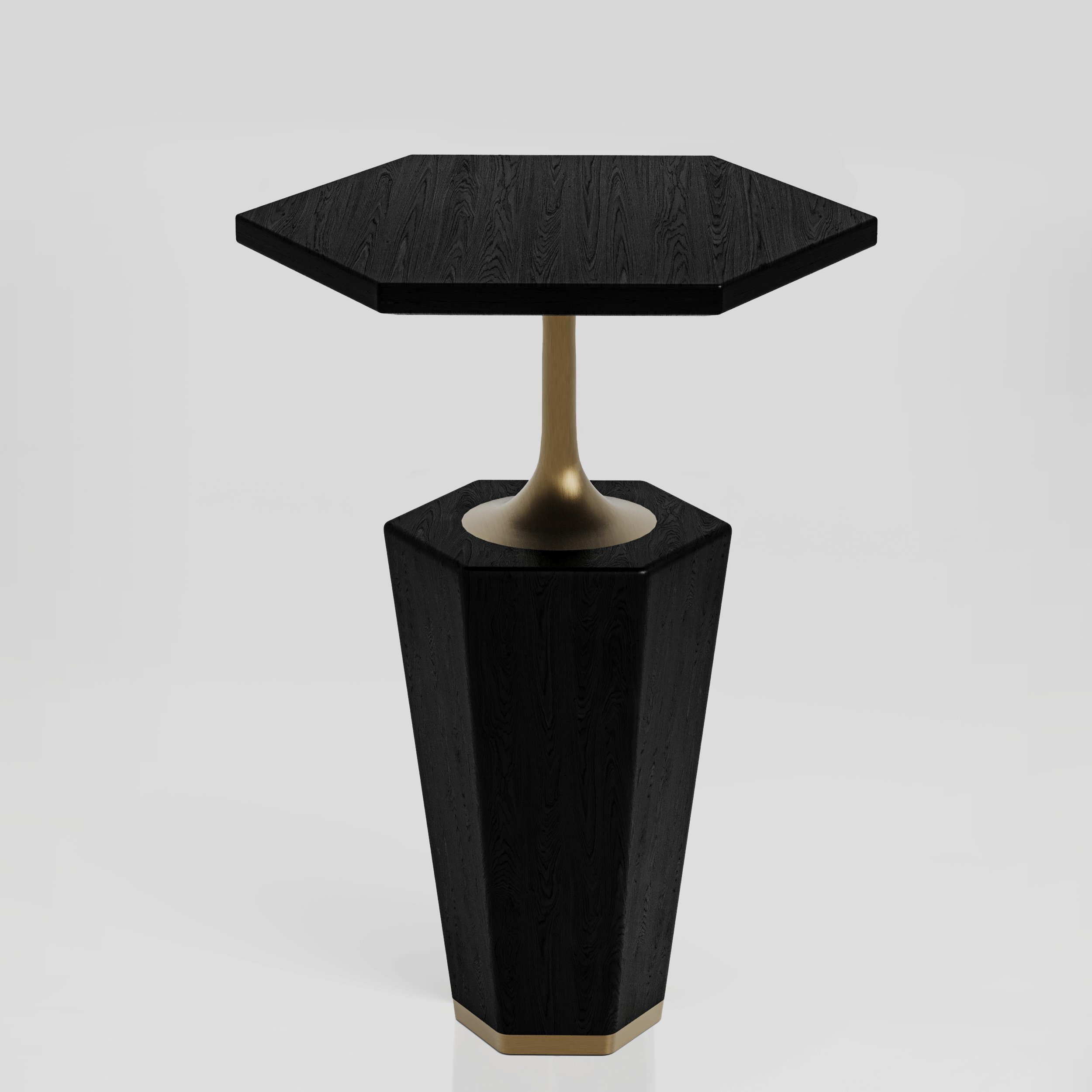 Modern black wooden side table with a hexagonal top and a tapered base, featuring a gold-colored support and base accent.