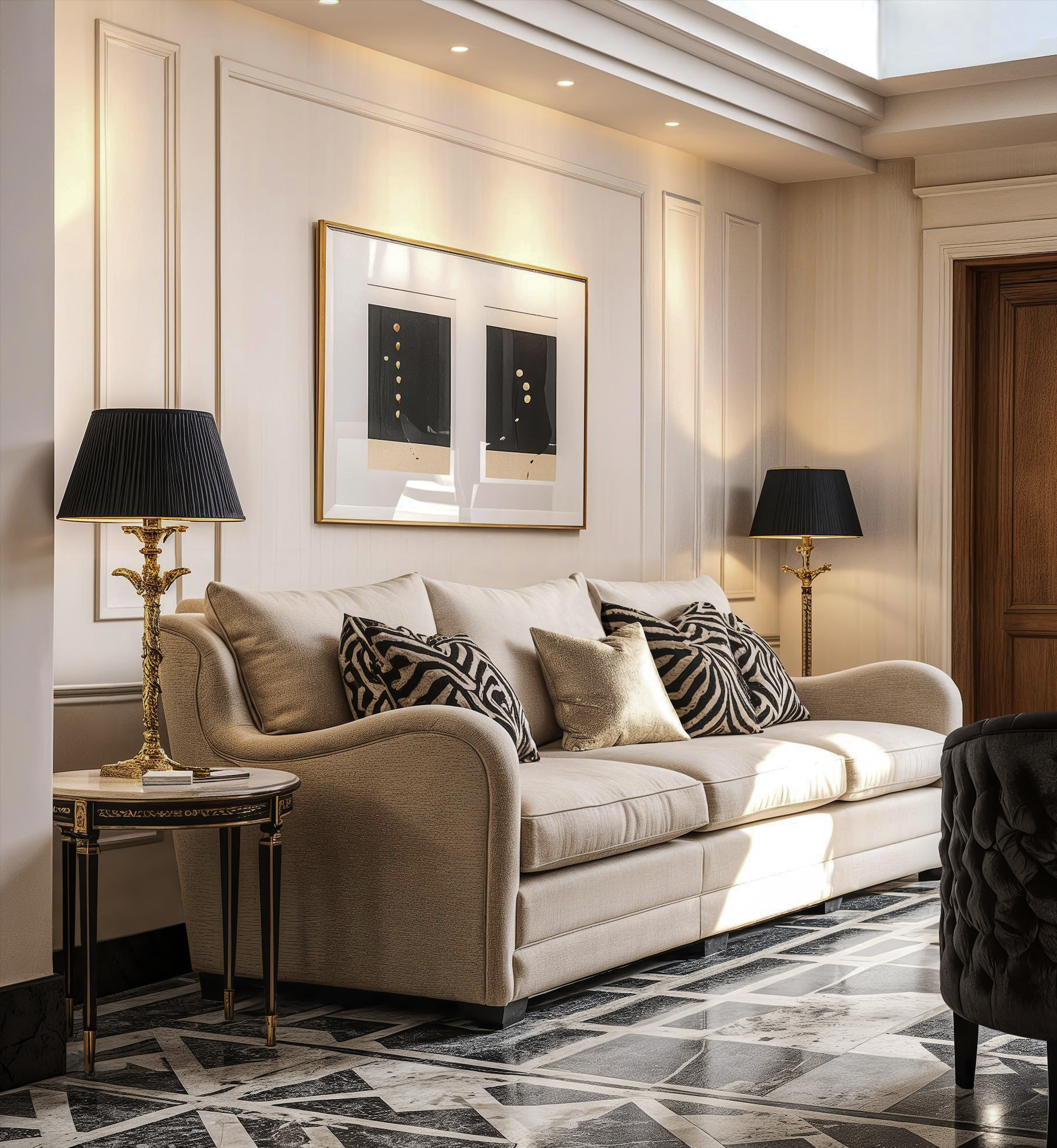 A luxurious beige sofa with decorative pillows in a sophisticated living room featuring black and gold lamps, artwork, and a marble floor.
