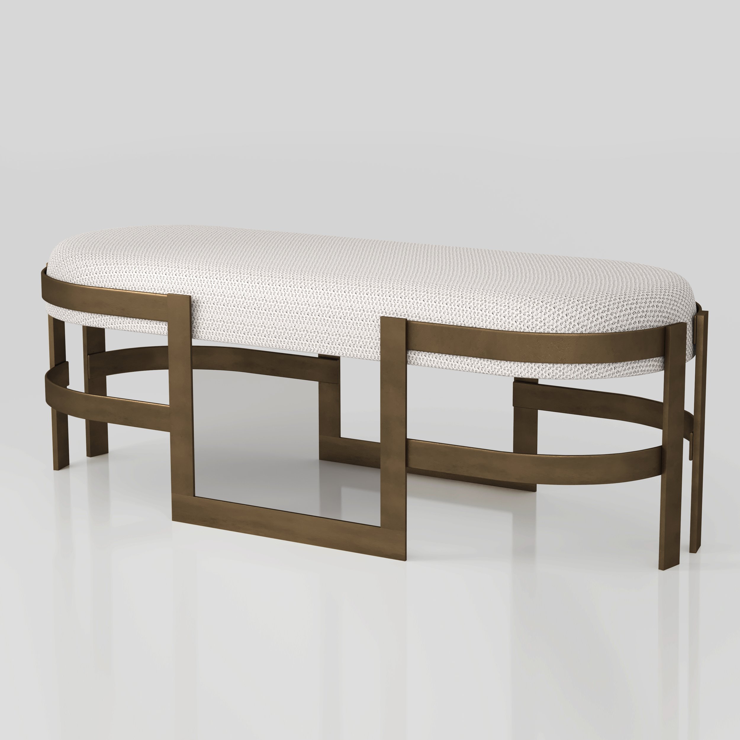 A modern upholstered bench with a textured light beige cushion and a metallic bronze frame with geometric design.