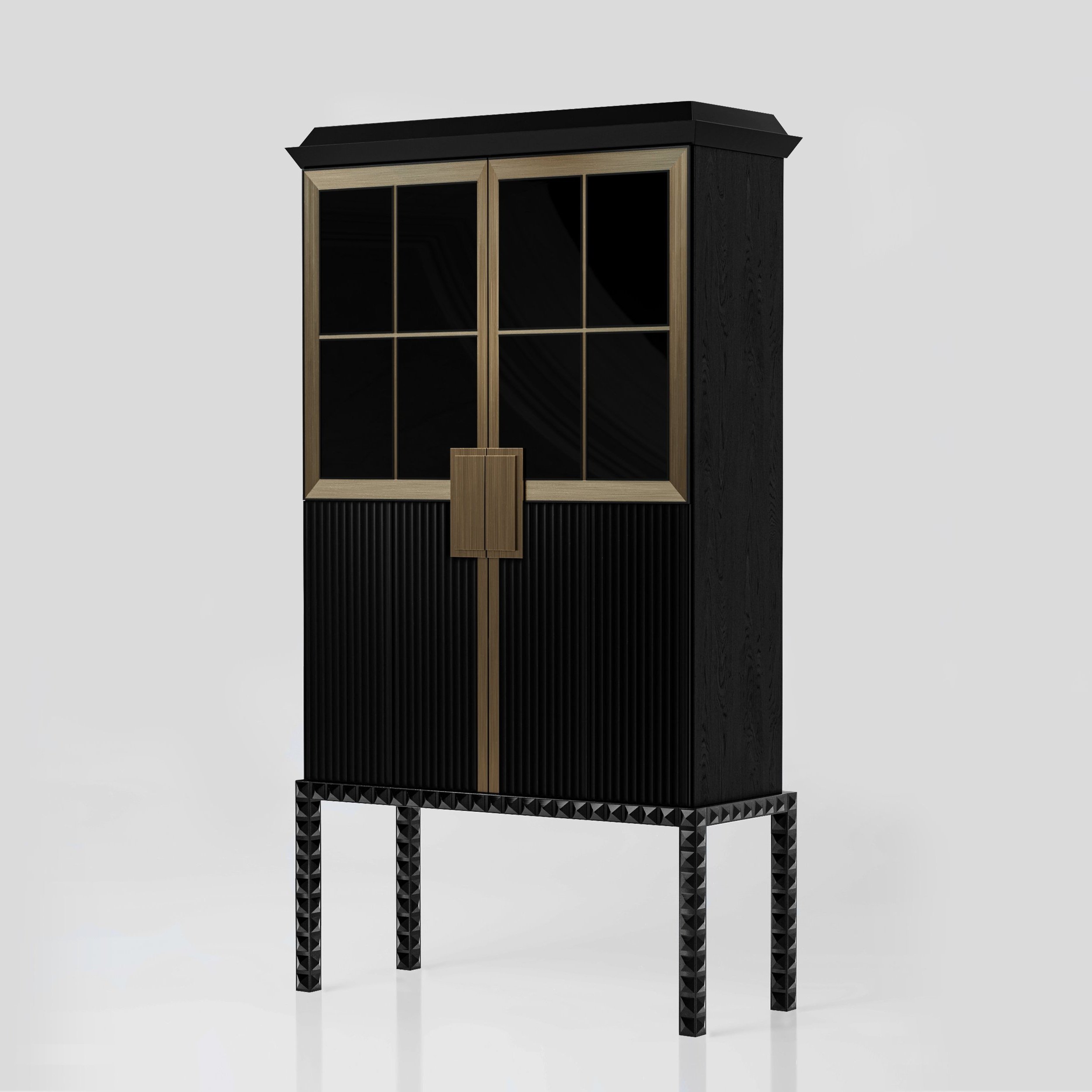 Black and wood two-door display cabinet with glass upper doors and textured lower doors, standing on studded black legs against a plain light background.