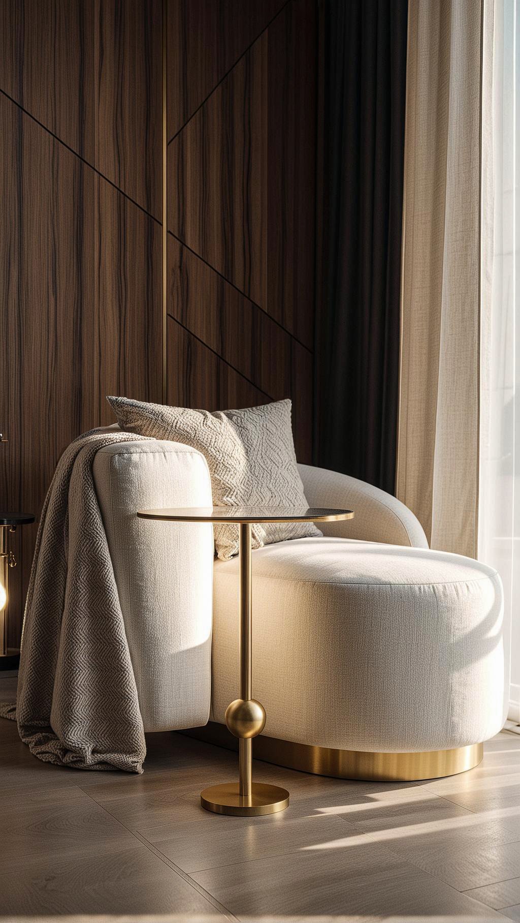 A cream-colored, curved modern sofa with textured pillows, draped blanket, and a small gold side table with a round base, positioned in front of dark wood wall and light-colored curtains.