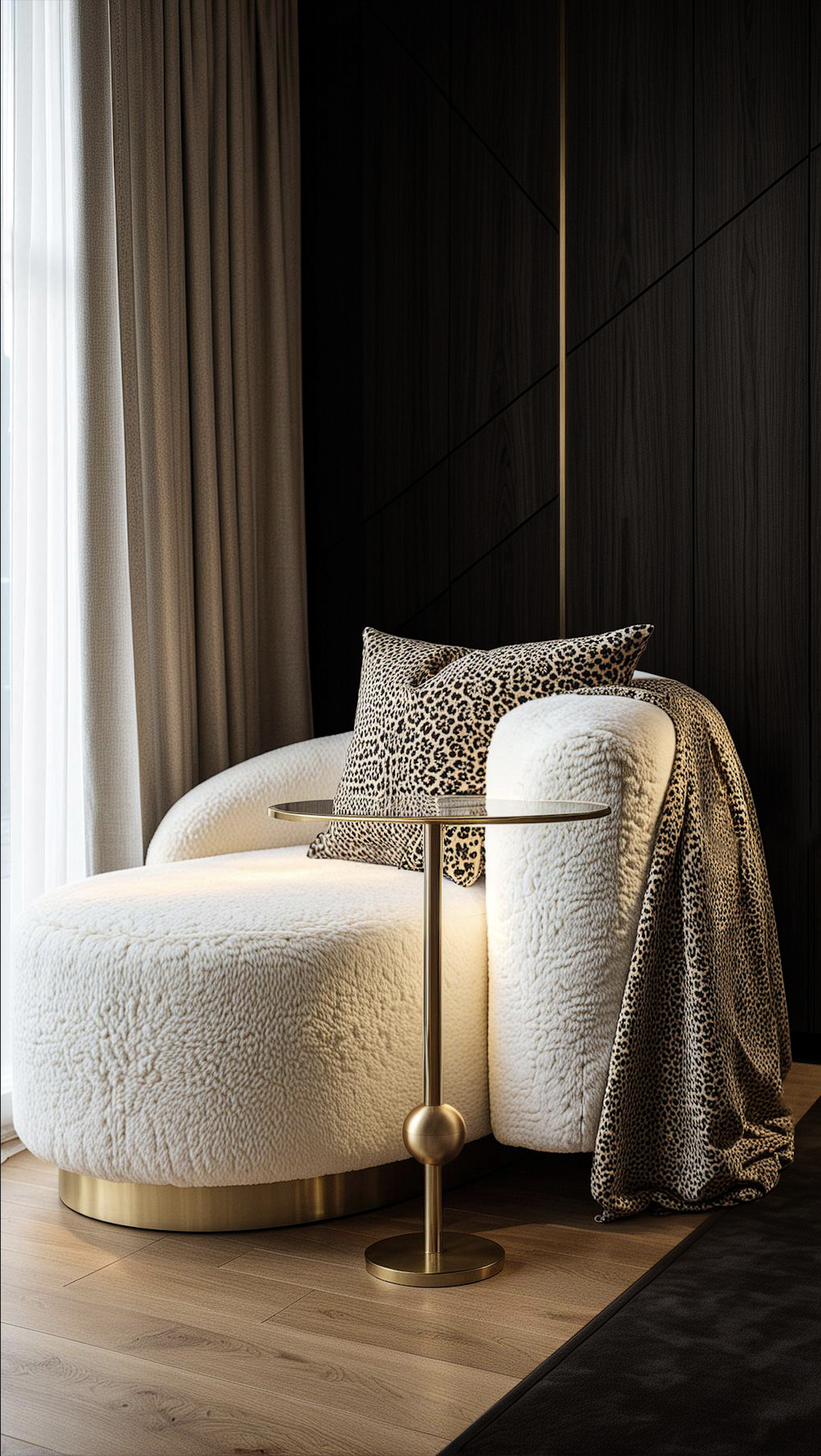 A white, textured, plush armchair with a gold base, adorned with a leopard print pillow and a leopard print throw draped over the side. Next to it is a small, round, gold side table with a thin, tall leg. The scene is set against a dark wooden wall with vertical panels, and beige curtains partially cover a window on the left, allowing soft natural light into the room.