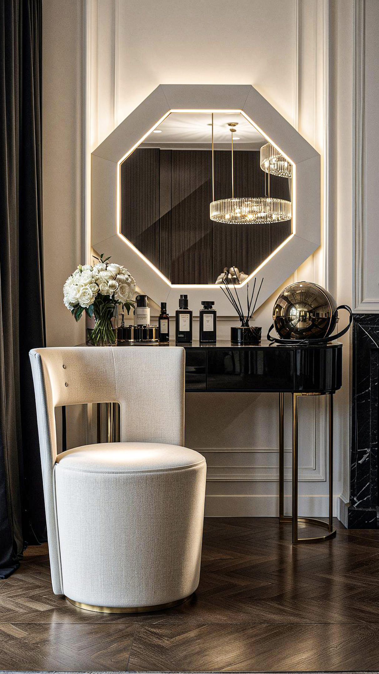 Elegant vanity area with a large round mirror with LED lighting, a black glossy desk, a cream-colored upholstered chair, a bouquet of white flowers, and decorative items including perfume bottles, a black diffuser, and a black spherical object, in a modern room with dark wood flooring.