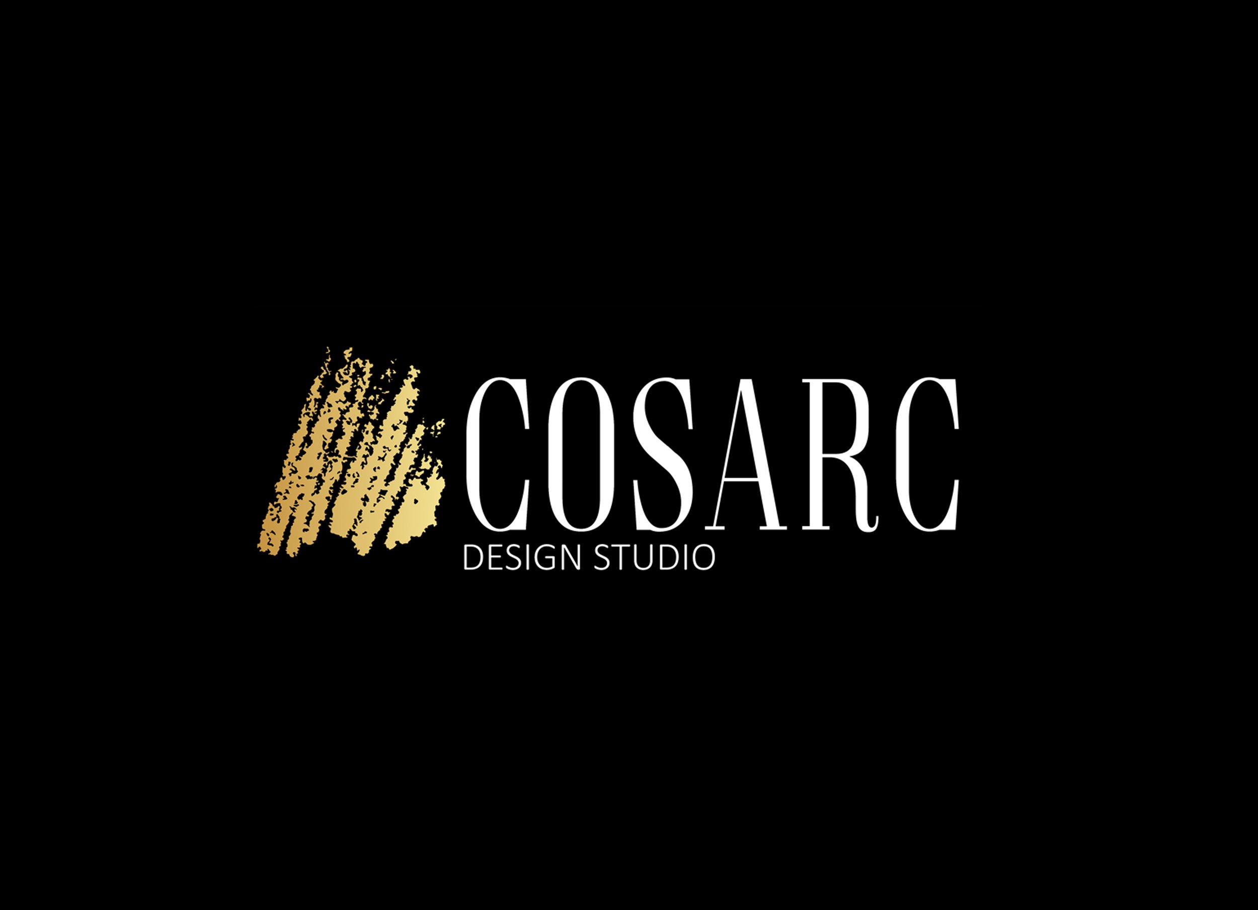 COSARC Design Studio logo with black background, gold abstract brushstroke, and white text.