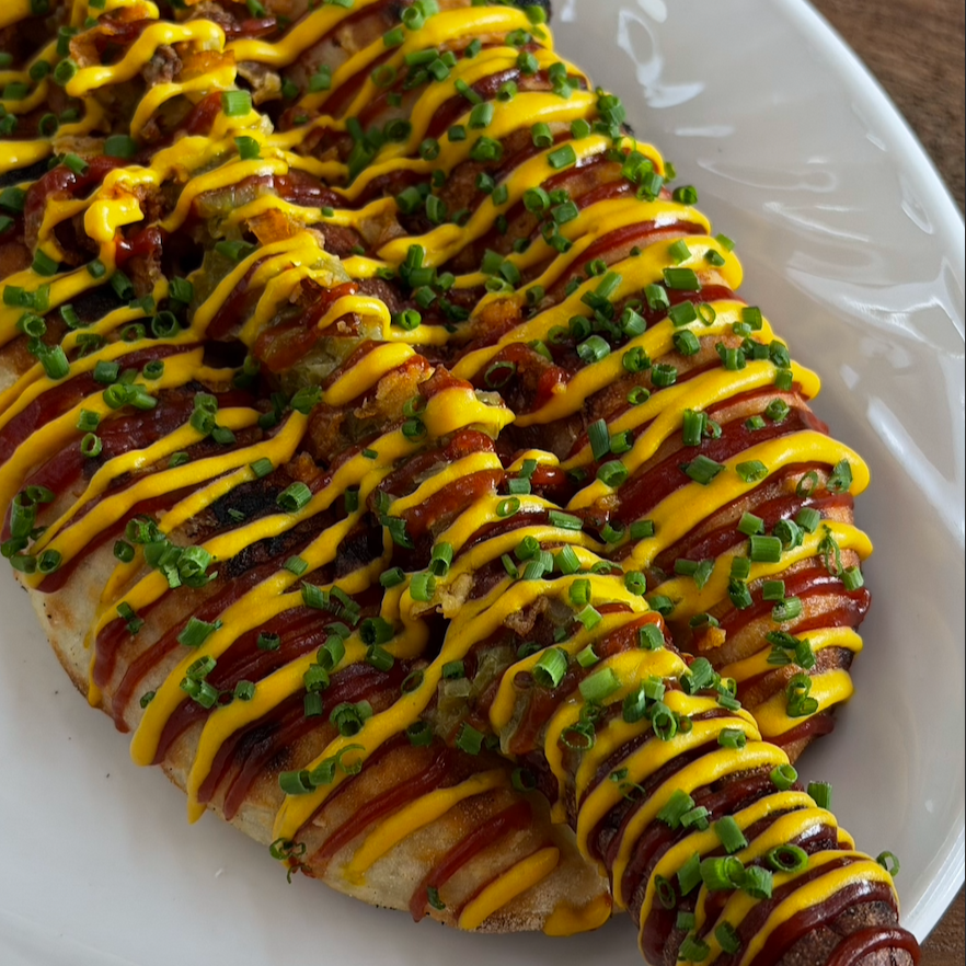 Lagana Hot Dog / homemade relish, ketchup, mustard, aged graviera