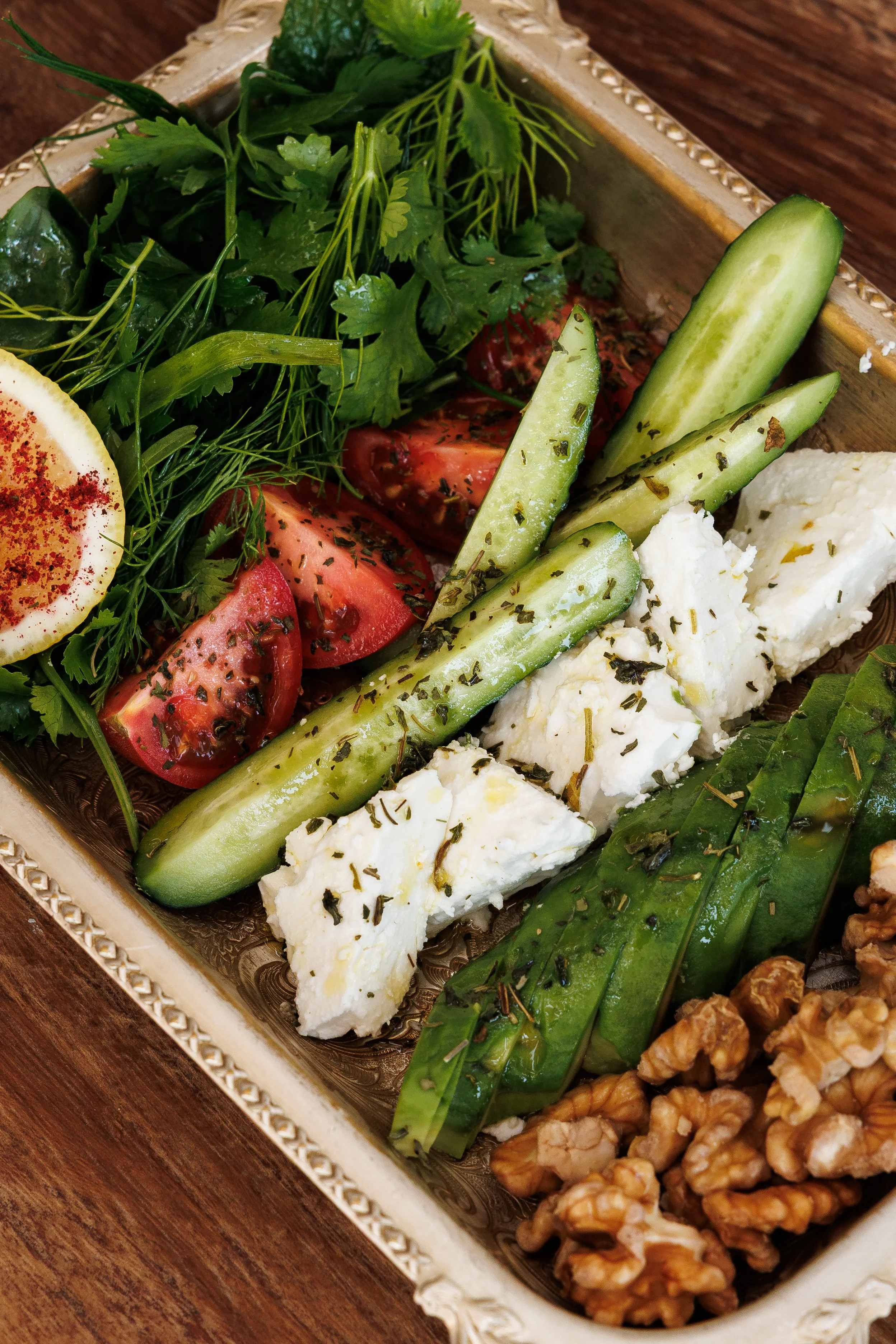 Breakfast Paneer Sabzi / tomato, cucumber, avocado, radish, herbs, walnuts, feta / 44 AED