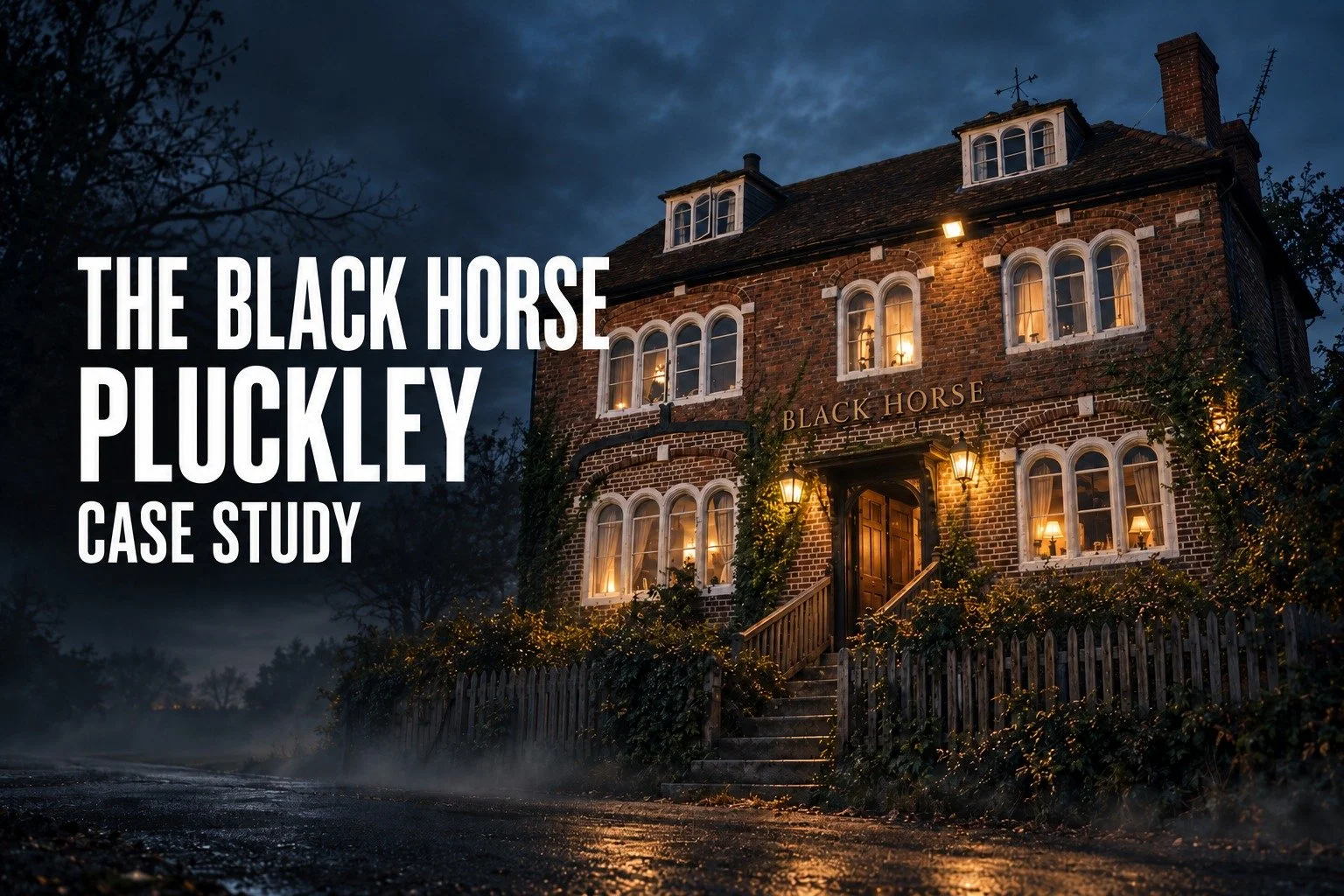 Illustrated pub exterior at dusk with the title The Black Horse, Pluckley - Case Study.