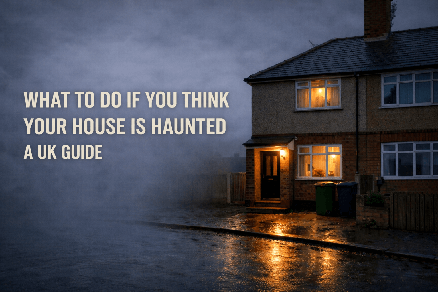 End of terrace house with lights on in a foggy street