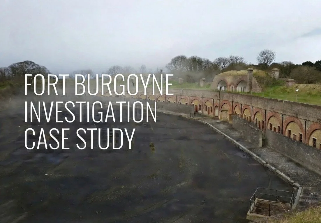 Shot of Fort Burgoyne in misty conditions with the caption Fort Burgoyne Investigation Case Study