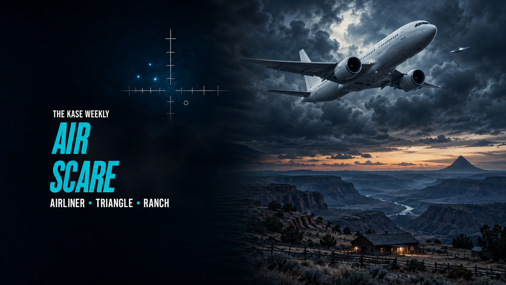 Illustration for The KASE Weekly: AIR SCARE, with a passenger jet, a small unidentified object and a Utah ranch landscape.