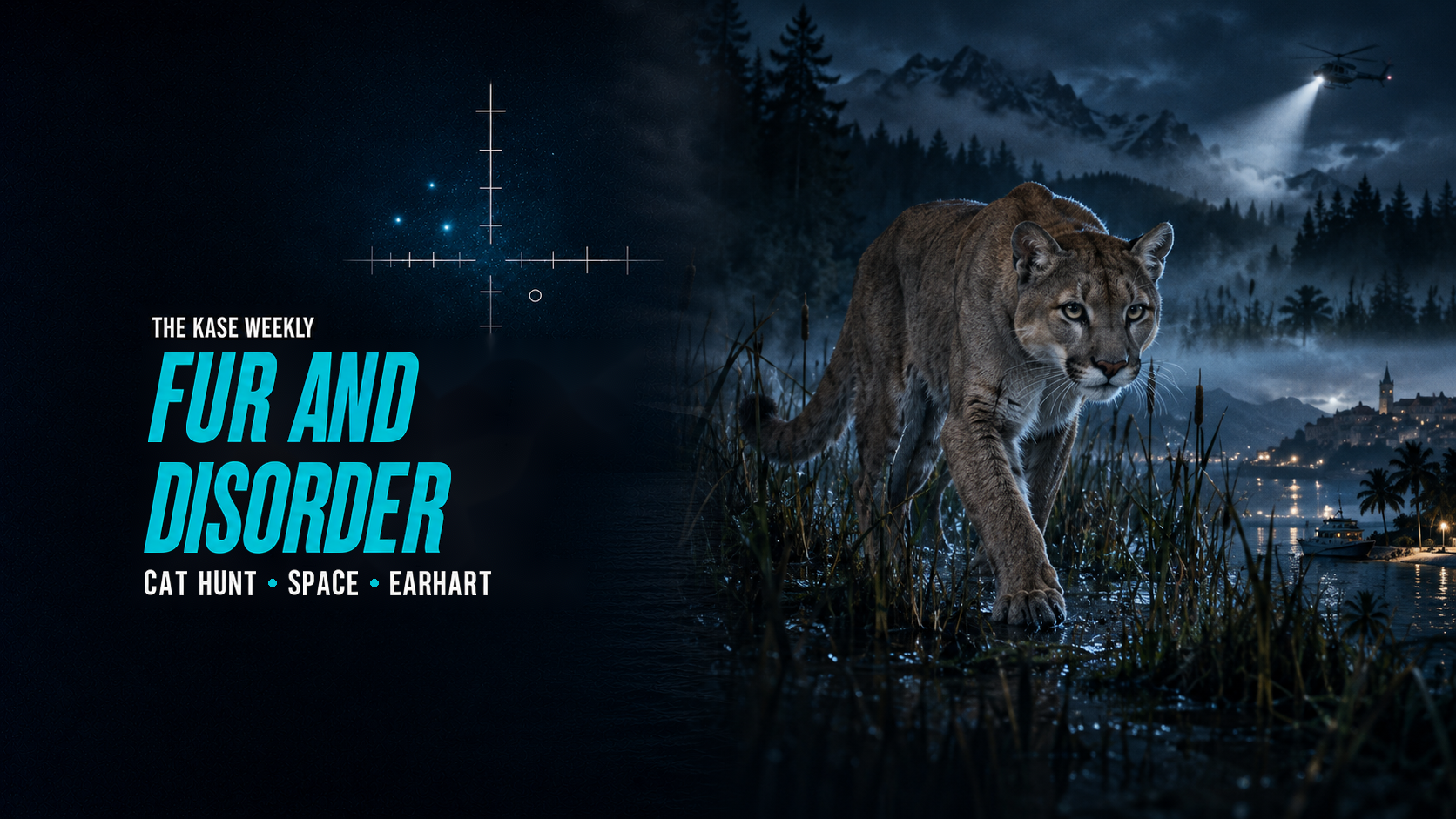KASE Weekly illustration headed Fur and Disorder, with a puma, search helicopter, star field and expedition boat. Topics: cat hunt, space and Earhart.