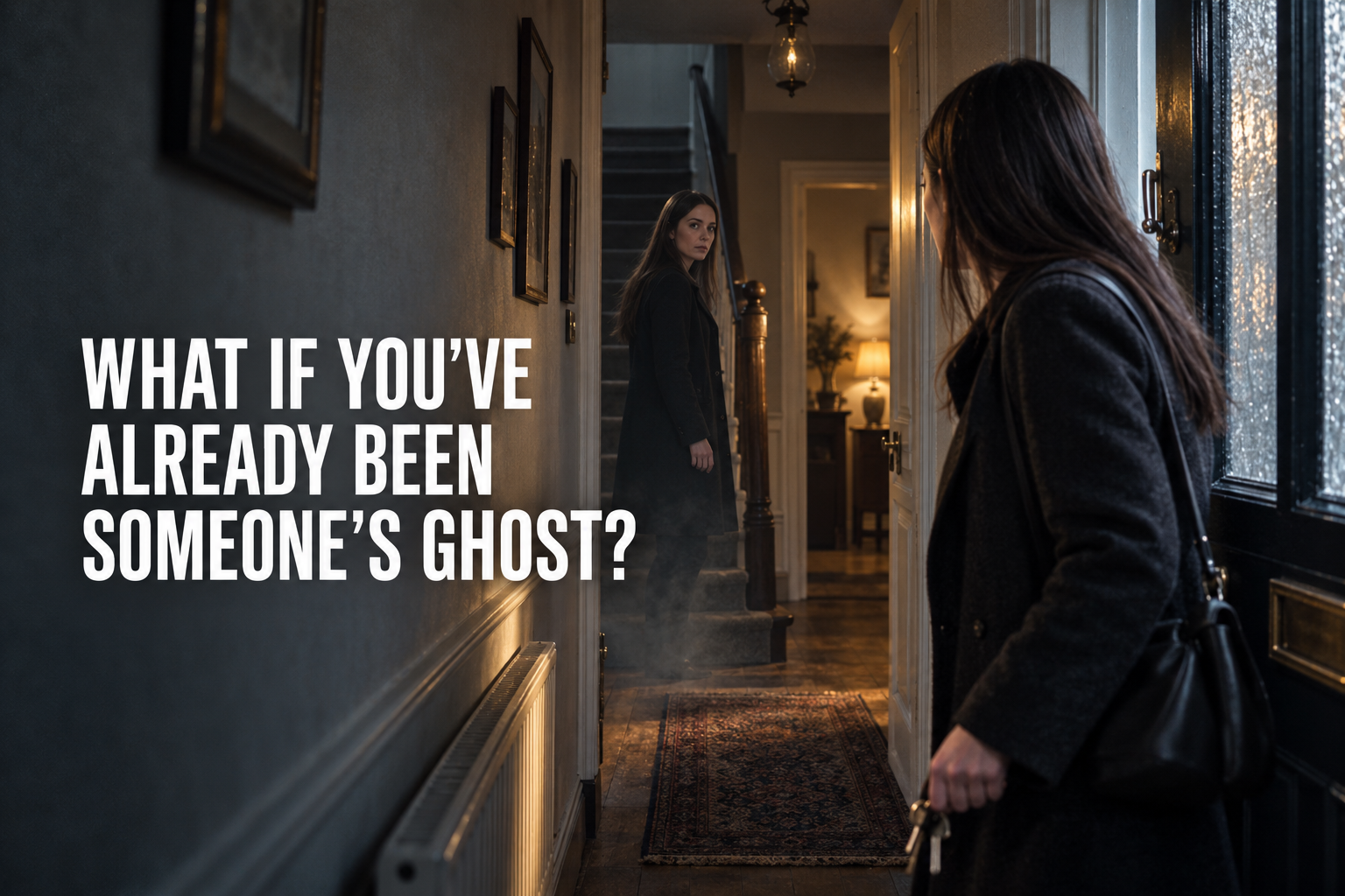 Illustration of a woman arriving home and seeing her identical double beside the stairs in a dim hallway.