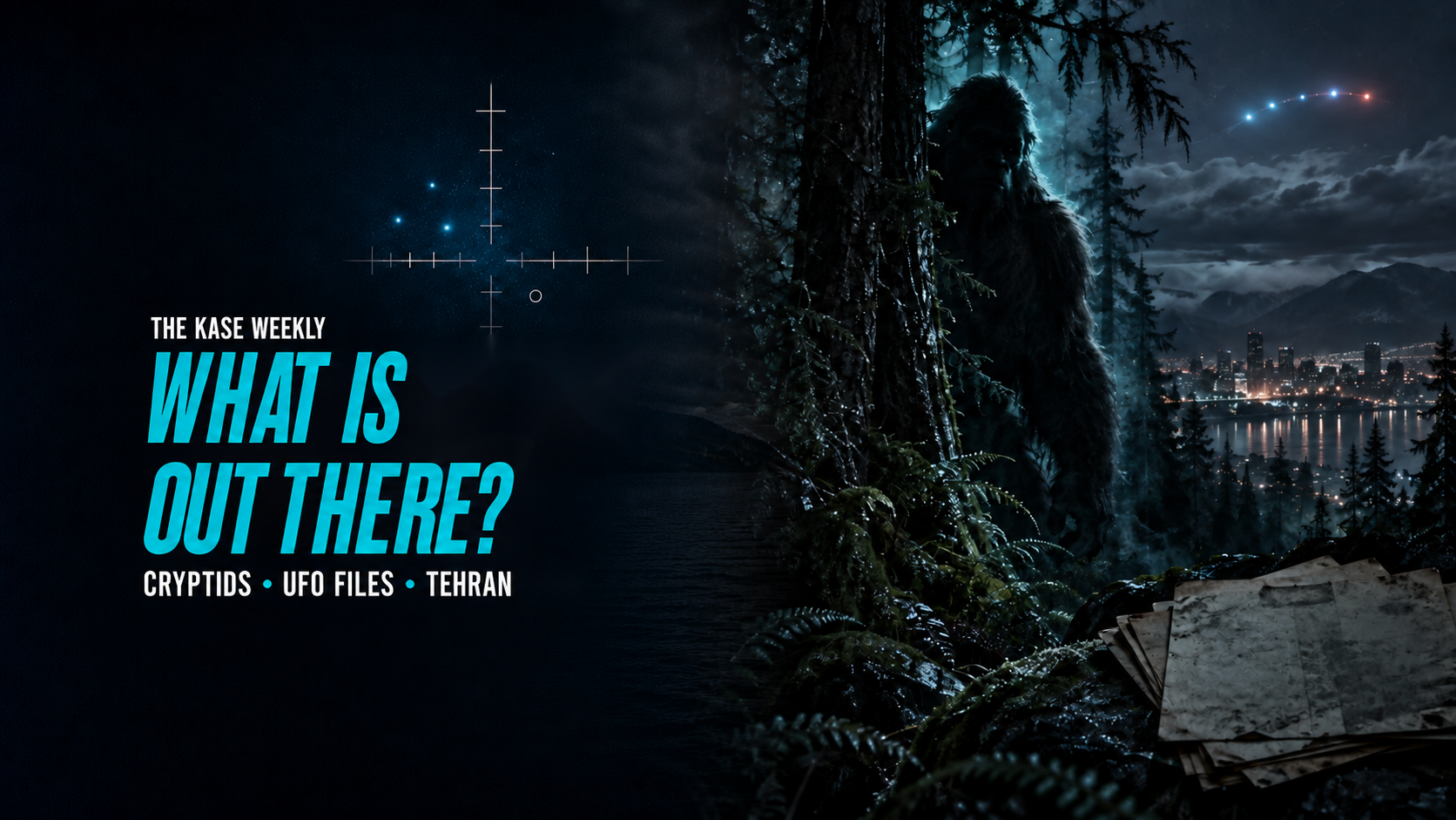 KASE Weekly editorial illustration: WHAT IS OUT THERE? beside a shadowy woodland creature, coloured sky lights and unmarked documents. Not encounter evidence.