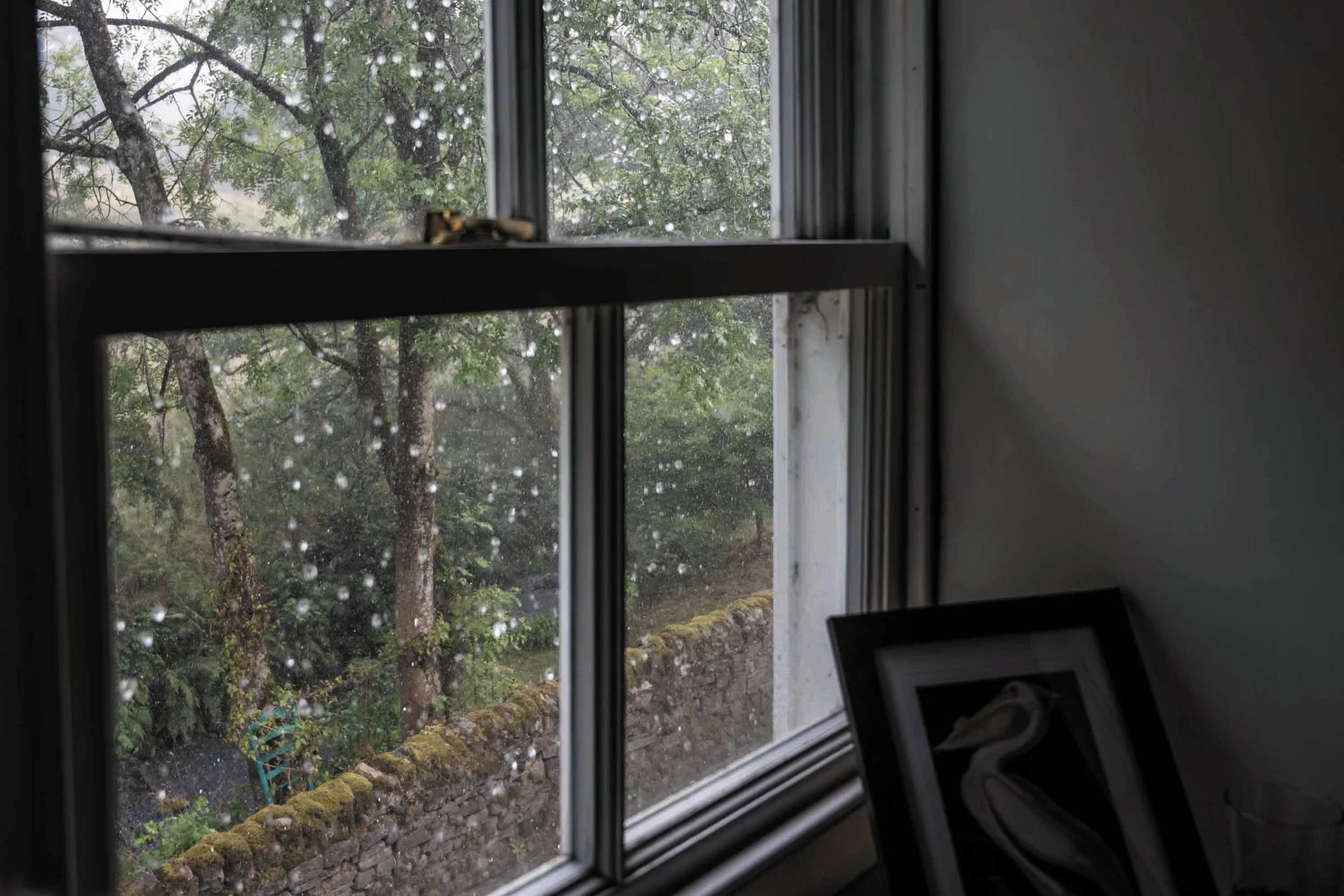Binnenuitzicht op een venster met regen. Buiten zijn groene bomen en een muurtje zichtbaar.