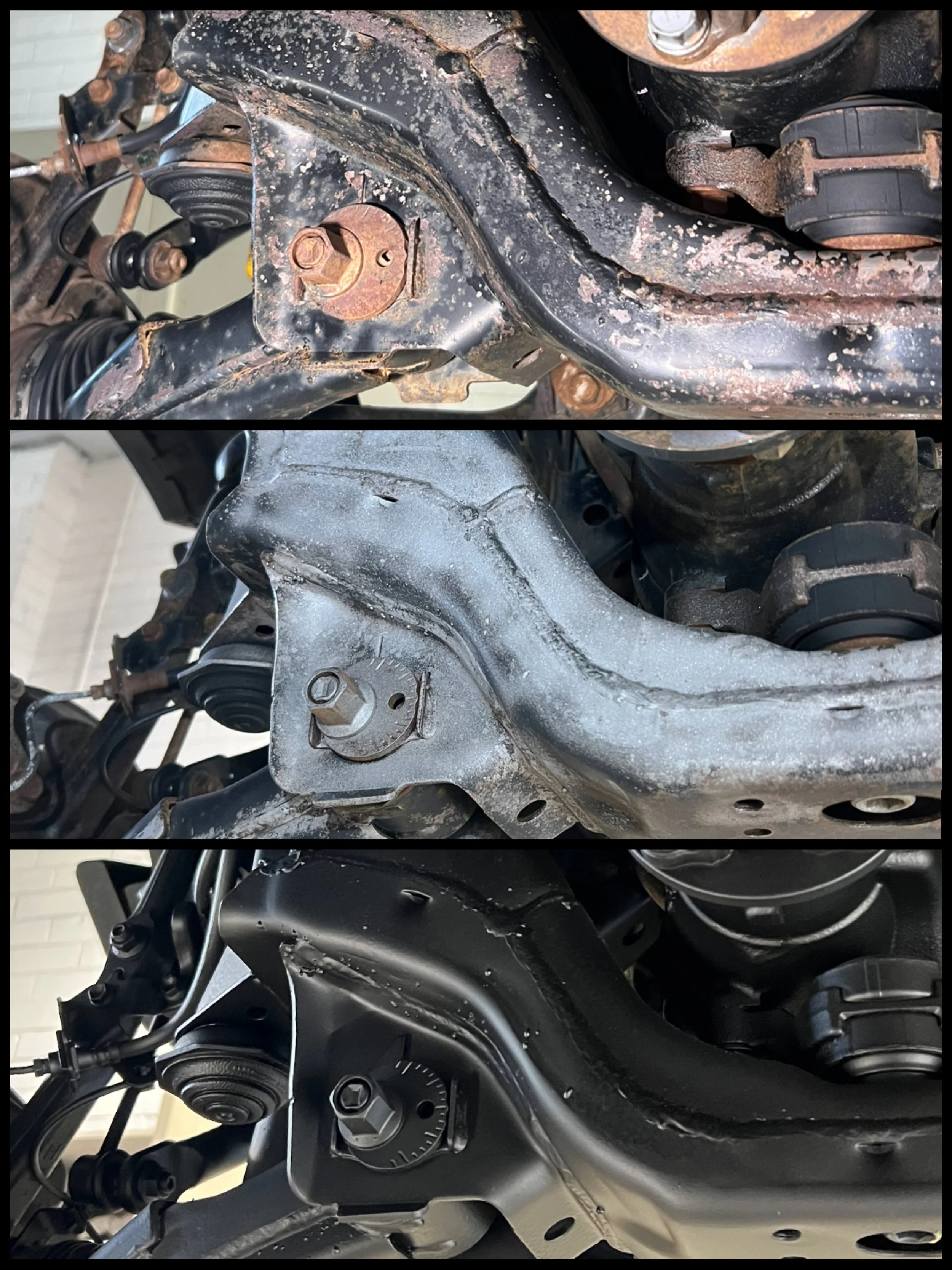 3 shots the before, during and after of as rust treatment. original rusted chassis frame, dry ice and sand blasted chassis frame, rusted covered and protected chassis frame