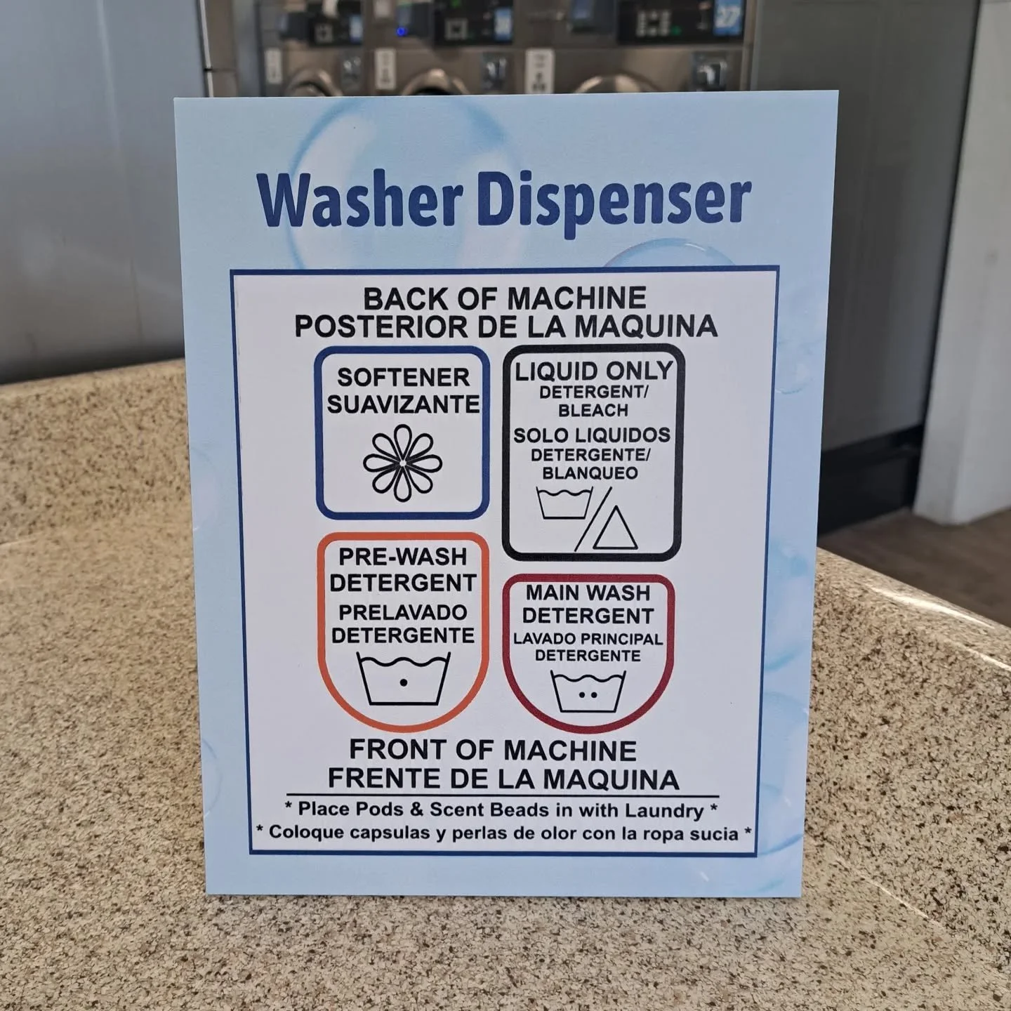 We have received a lot of questions about where the detergent and softener should go in the washers- these new signs should help clear up the confusion.

Shout out to our friends @zouz.media for the design and print.
