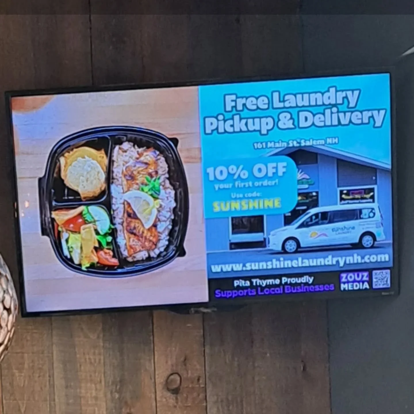 Our ad spotted on the @zouz.media screen in @pitathyme_northandover. Free pick up and delivery 
- use code SUNSHINE for 10% off your first order