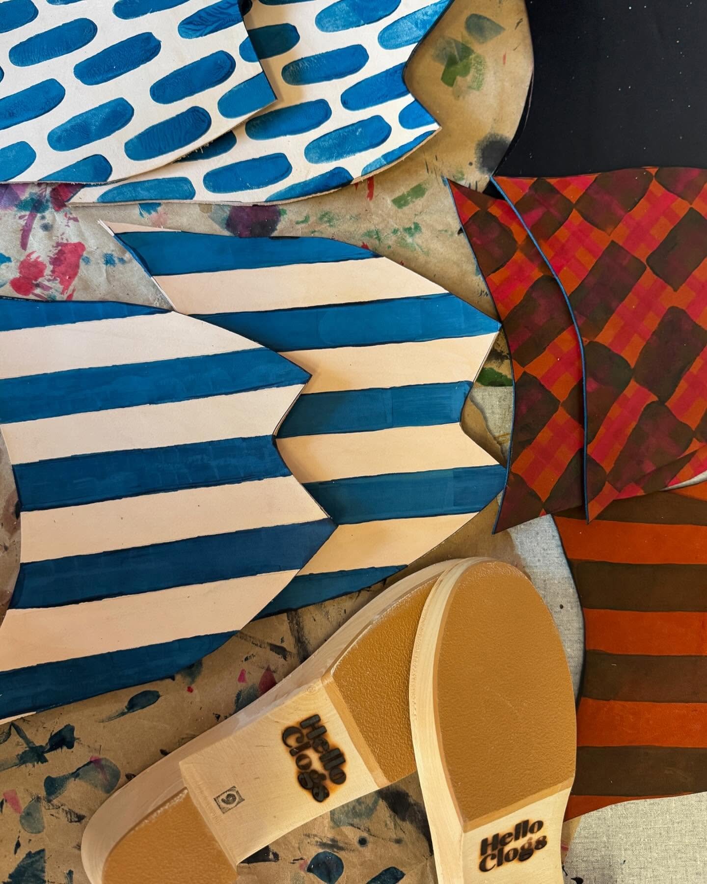 Here&rsquo;s a sneak peek at some vibrant new leather uppers in the works for my handmade clogs. Each one is hand-dyed, cut, and crafted with love &mdash; bold stripes, juicy dots, and playful plaids in every color combo I could dream up. From electr