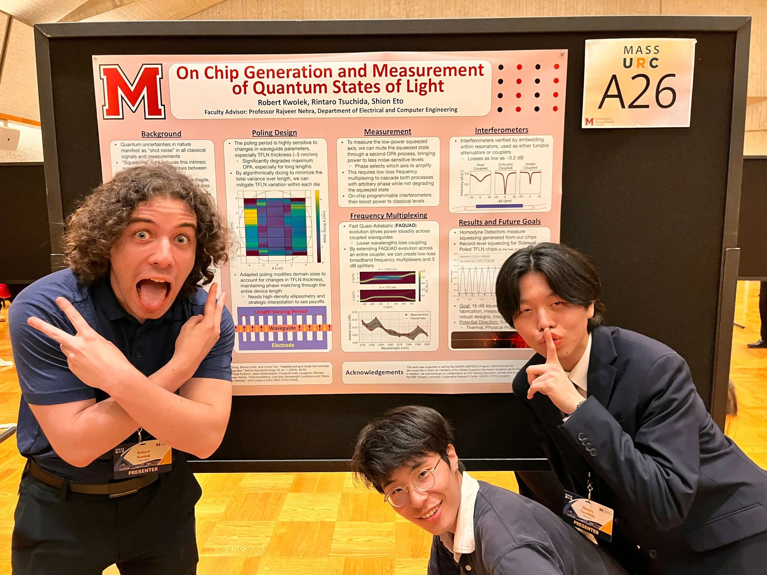 Undergraduate Research Conference (Spring 2026). Rob, Shion, and Rintaro (L-R) talk about our recent results. Great job! 