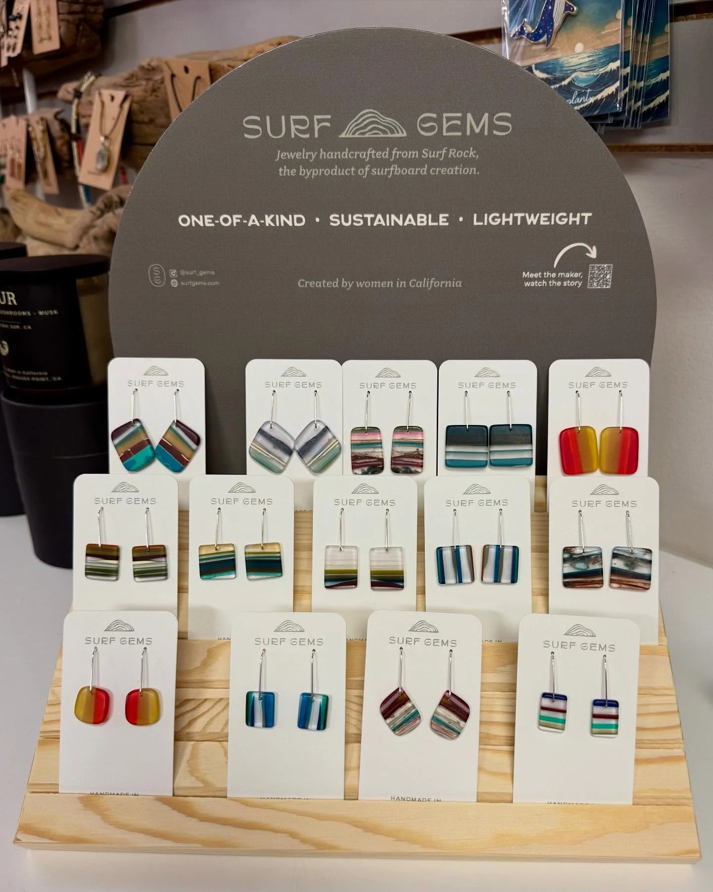 We&rsquo;re so excited to announce that we now have Surf Gems in the Ragged Point Gift Shop. These vibrant, colorful earrings are hand-sculpted in Morro Bay from  surfboard resin. Simply beautiful! #visitslocal #raggedpoint_coffeeshopbakery