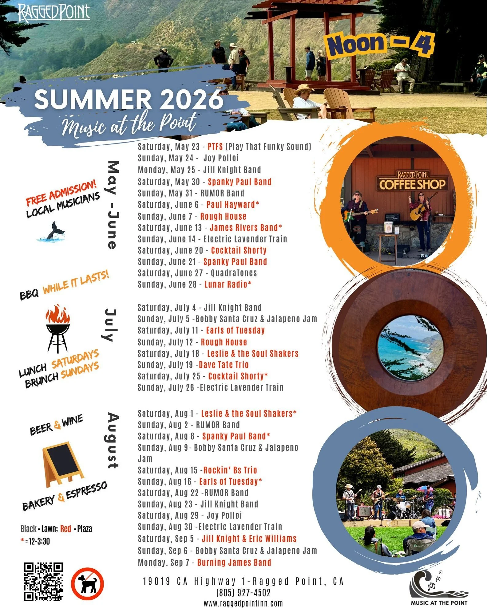 Today's beautiful weather makes us dream of Summer 🏄🏻&zwj;♀️ 👙 🍦 ☀️ !! 

And Summer weekends at Ragged Point 🌊 🏄 🐳  mean just one thing (okay, two): Great, free live music 🎵 🎶 and delicious Santa Maria-style barbecue 🍗 🔥 !!

If you're alre