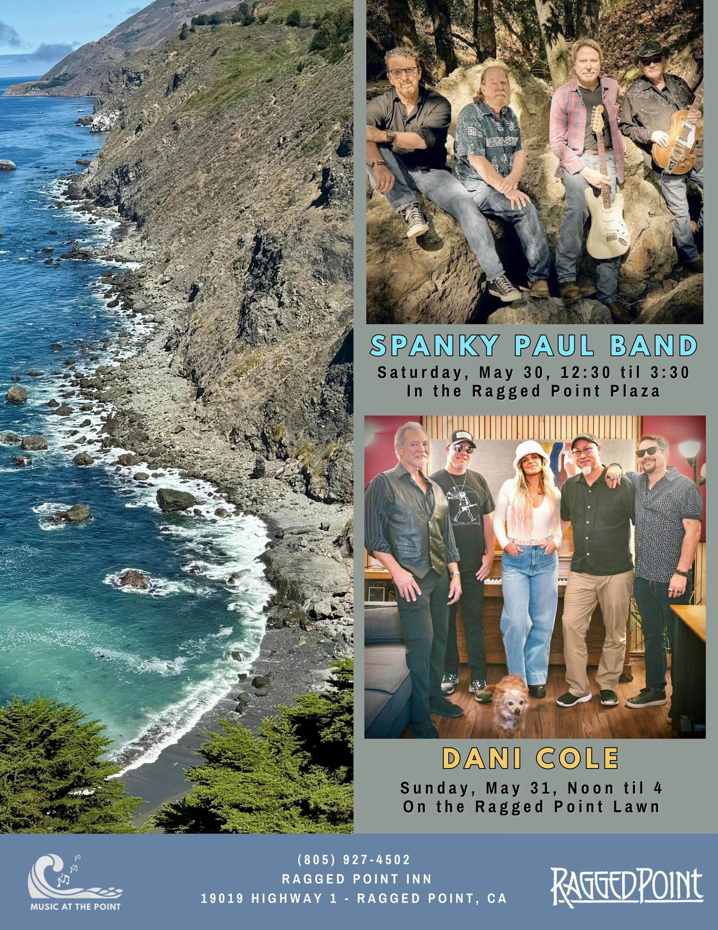 🎸🎶🎵 Music at the Point this weekend features the Spanky Paul Band in the Plaza Saturday, May30, from 12:30-3:30 and Dani Cole on the lawn Sunday, May 31, from noon til 4. 😎See ya there! #slocal #highway1roadtrip #bigsurcalifornia