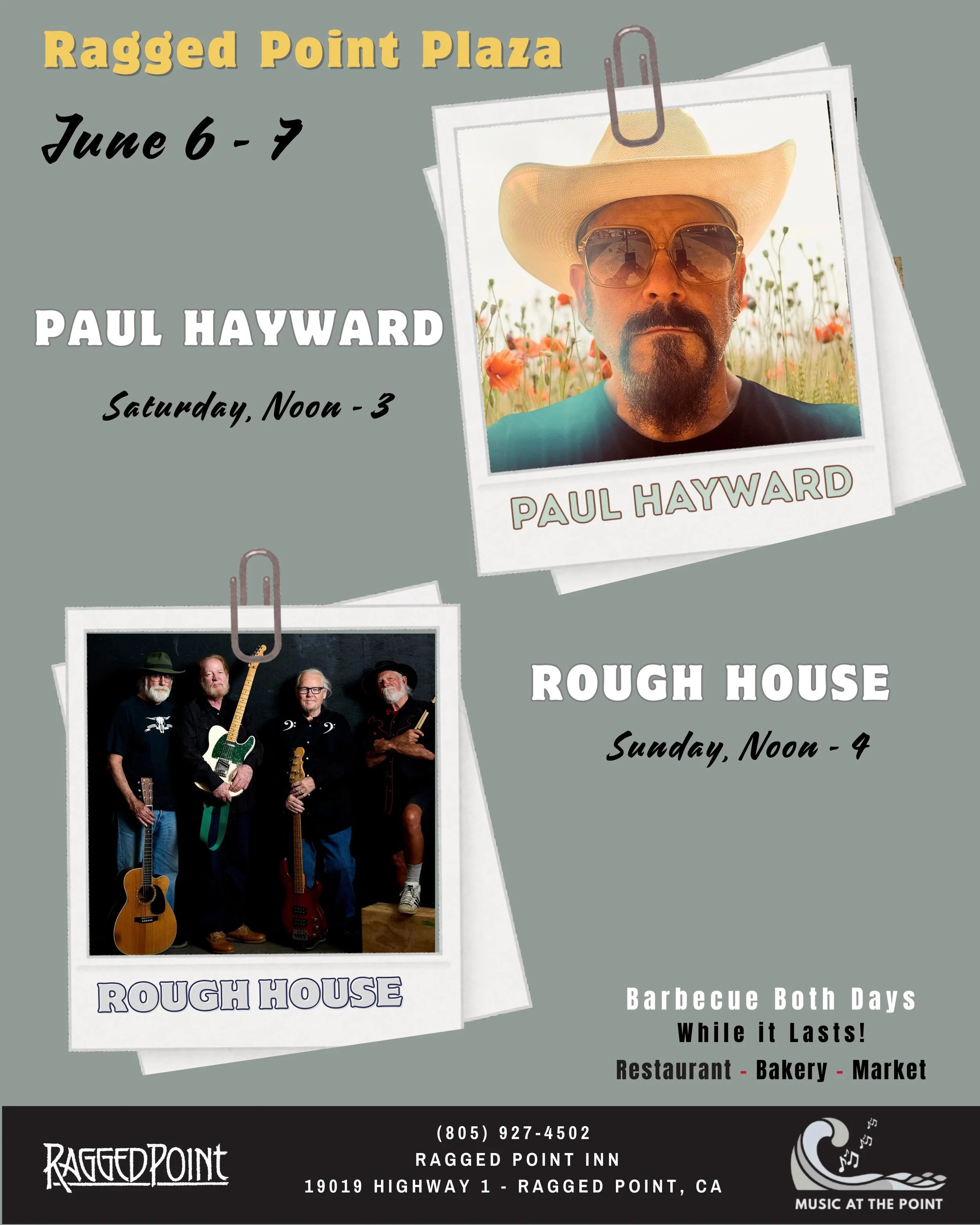 🎸 This weekend's Music at the Point line-up features renowned acoustic singer/songwriter, Paul Hayward, from San Francisco, and our own Rough House band from Cambria.

Concerts start at noon on the plaza both days. We'll be cooking up our Santa Mari