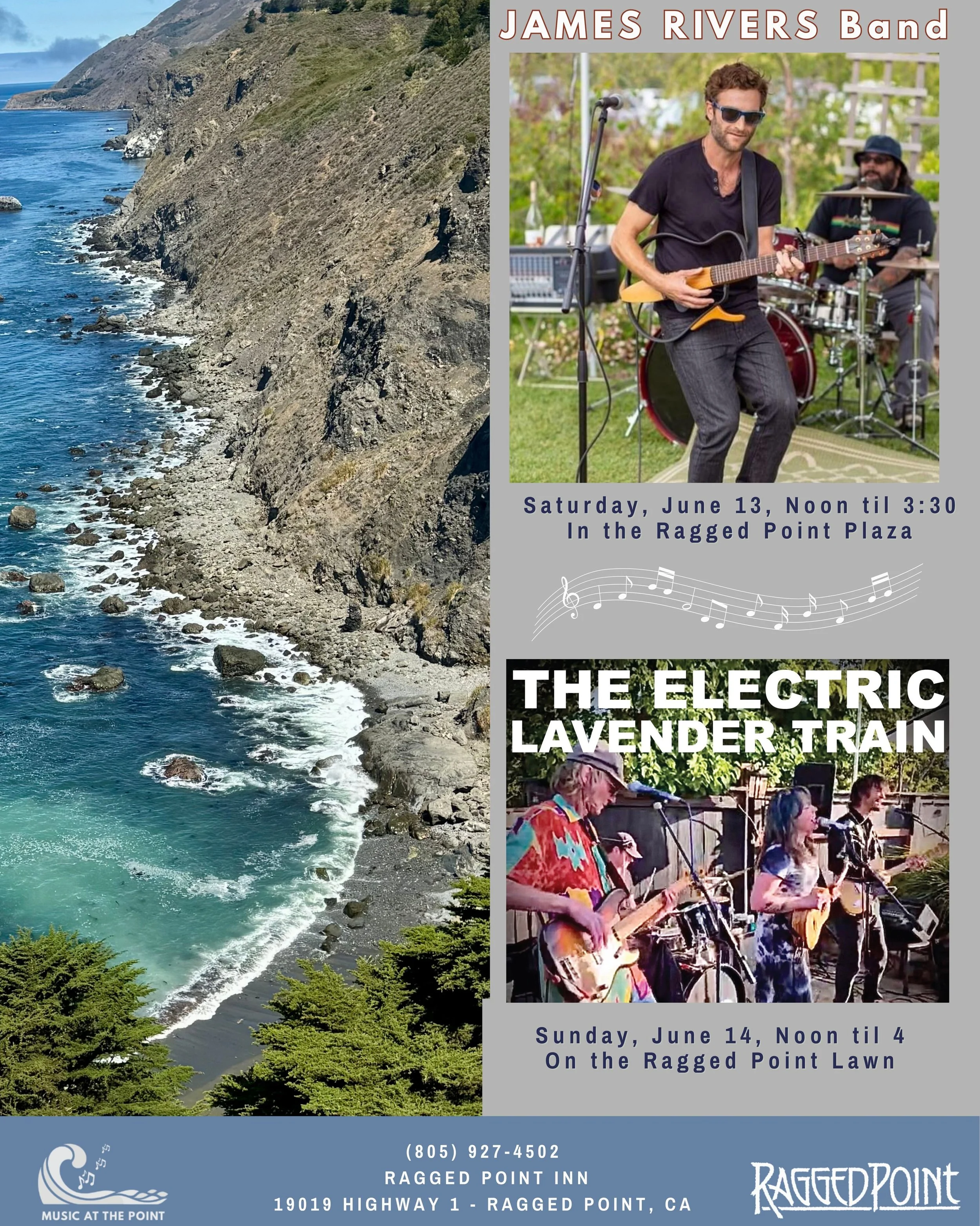🐳 Visit the coast this weekend and join us this weekend for two awesome local bands!

🎸 Saturday, come to the plaza and enjoy the bluesy, soulful vibe of the James Rivers band from noon til 3:30.

🎤 Sunday, party on the lawn with Hunter, Rachel, a