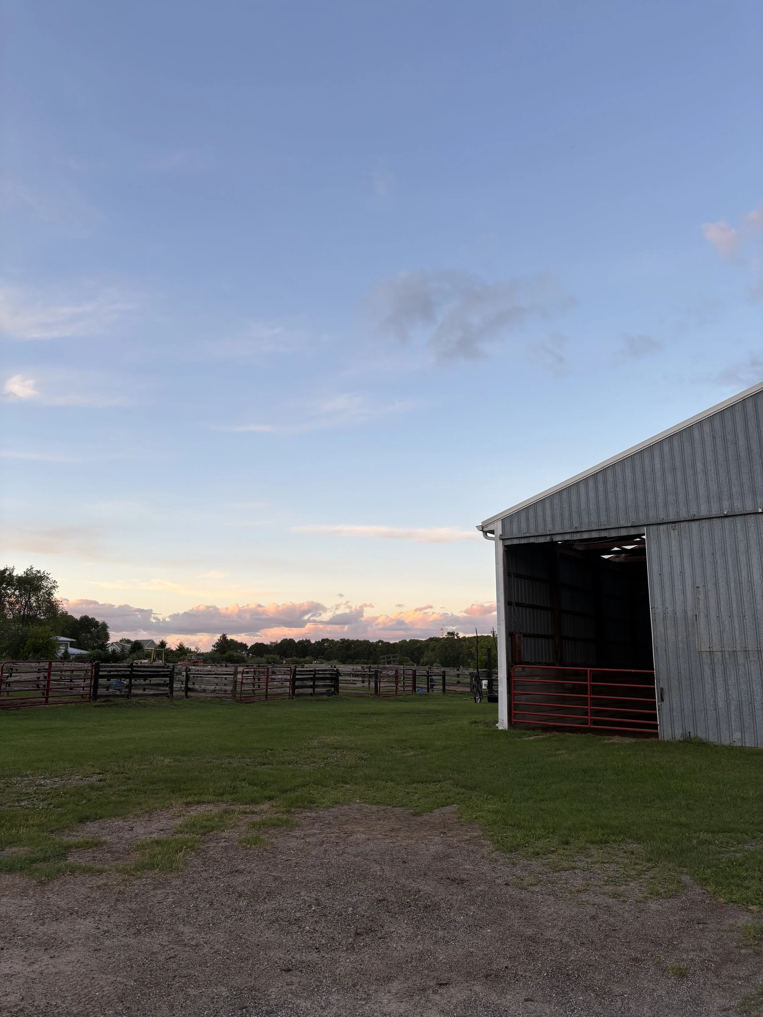 View of a farm or ranch with a metal barn, fenced paddocks, green grass, trees in the distance, and a sky with clouds during sunset or sunrise.